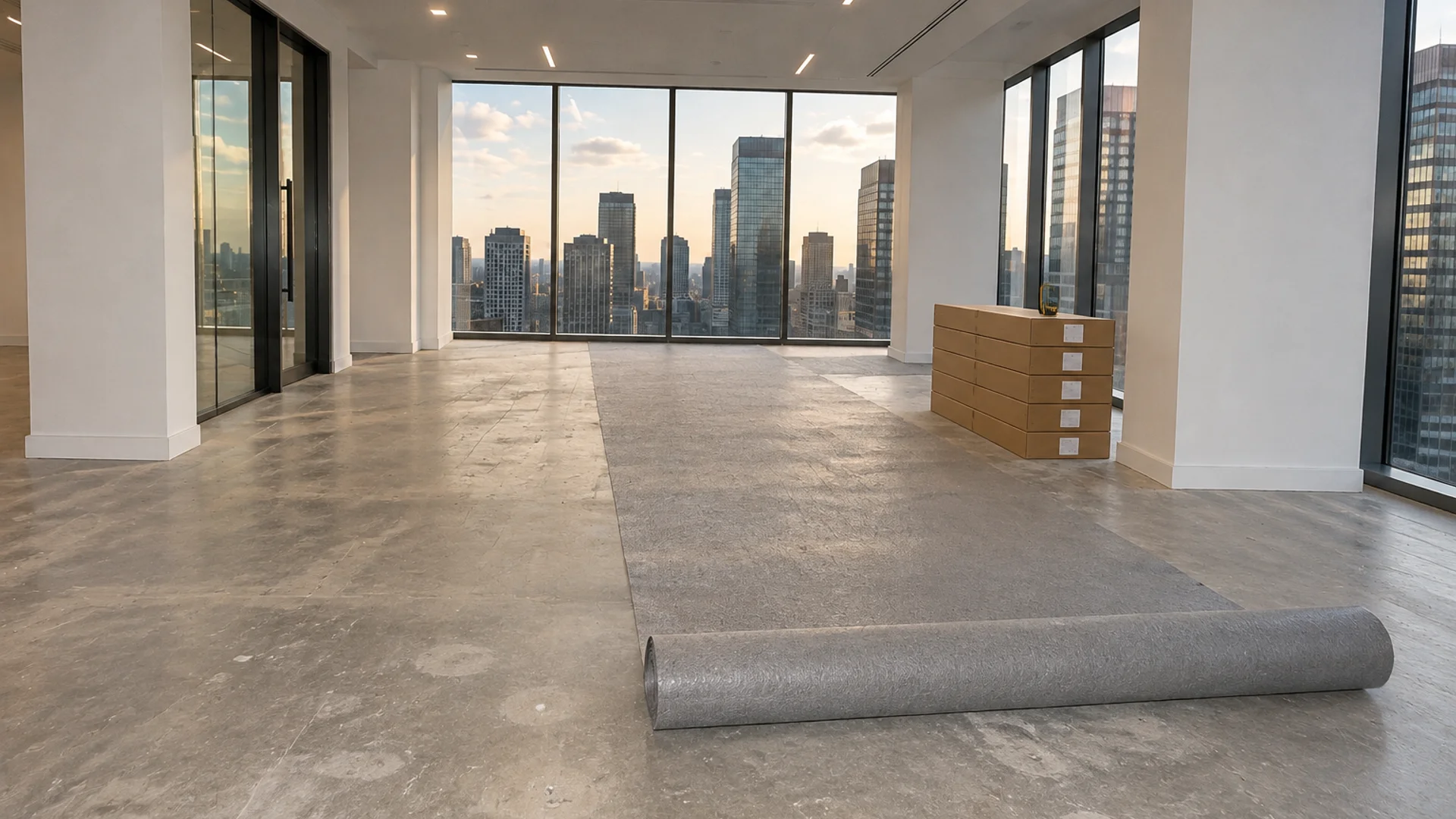 Toronto Quality Wood Flooring Financial District financial district office commercial engineered job during the install phase showing bare subfloor, materials staged, and tools before completion.