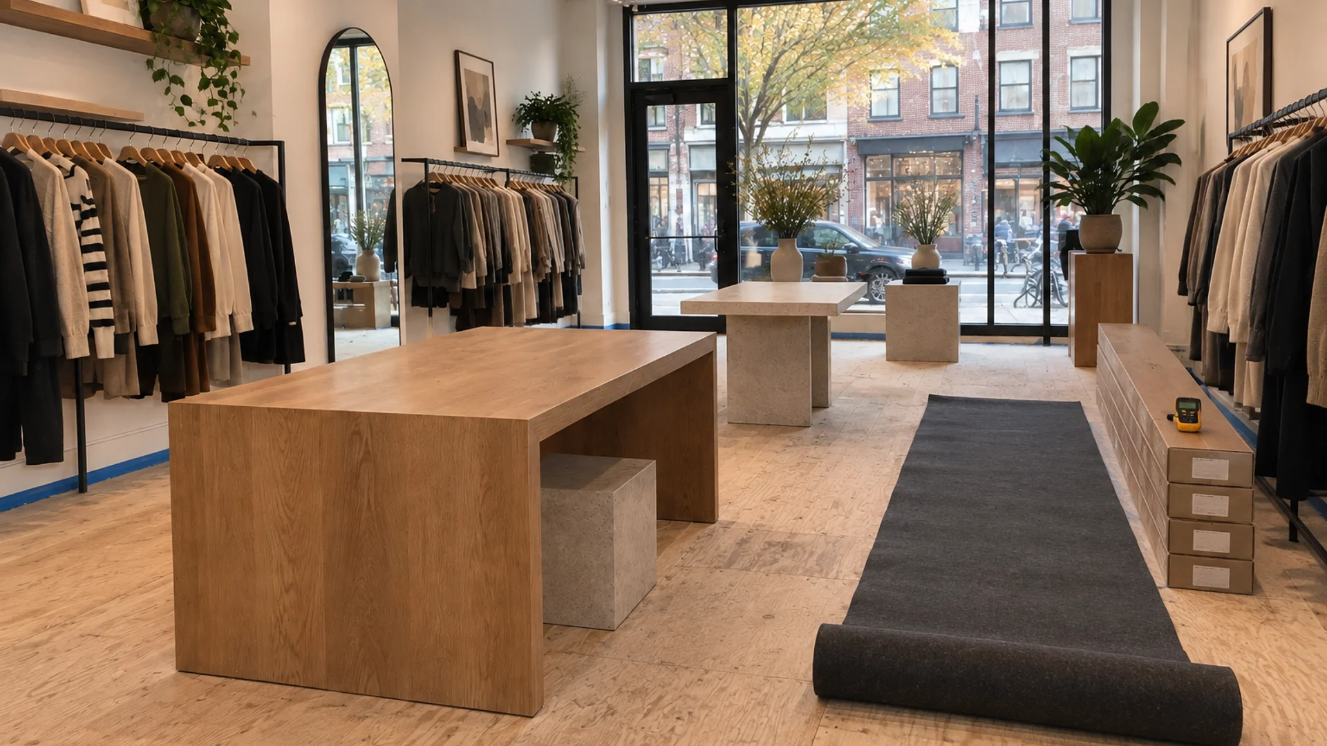 Toronto Quality Wood Flooring Queen West queen west retail commercial install job during the install phase showing bare subfloor, materials staged, and tools before completion.
