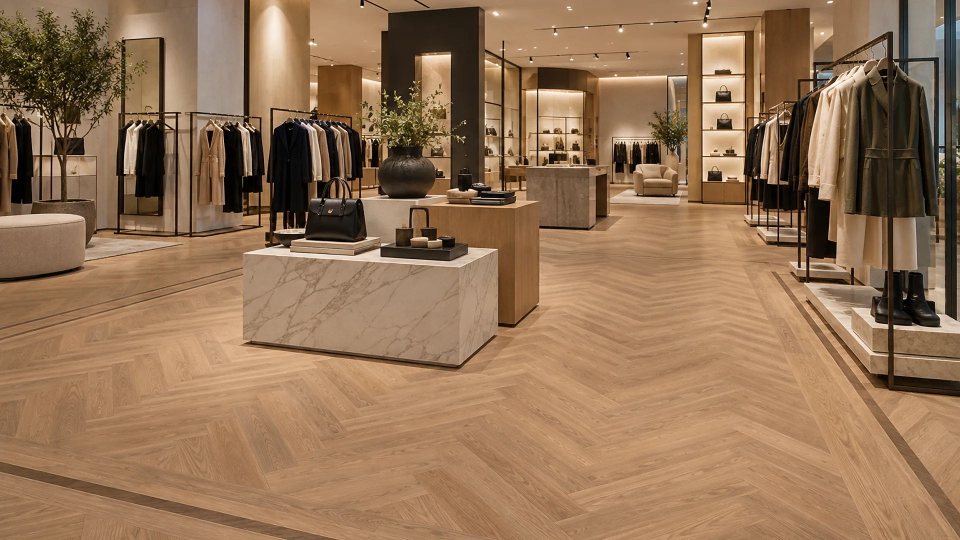Toronto Quality Wood Flooring Yorkdale yorkdale showroom commercial herringbone finished — portfolio documentation photo of the completed scope.