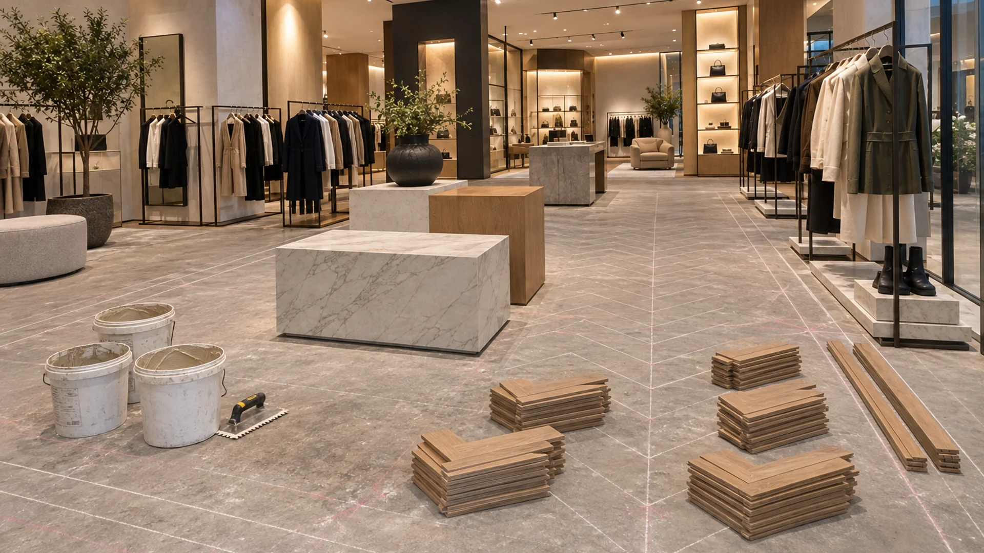 Toronto Quality Wood Flooring Yorkdale yorkdale showroom commercial herringbone job during the install phase showing bare subfloor, materials staged, and tools before completion.
