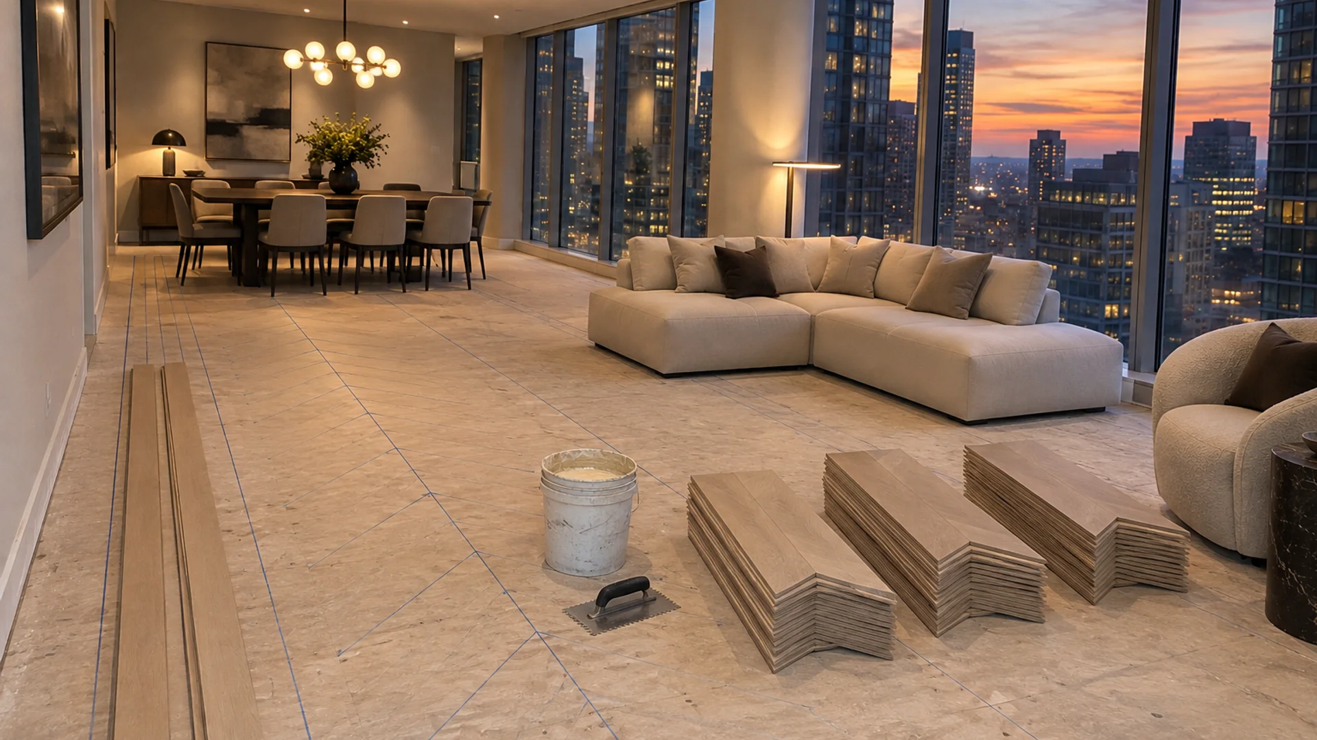 Toronto Quality Wood Flooring Bay Street Corridor bay street chevron with marble border job during the install phase showing bare subfloor, materials staged, and tools before completion.