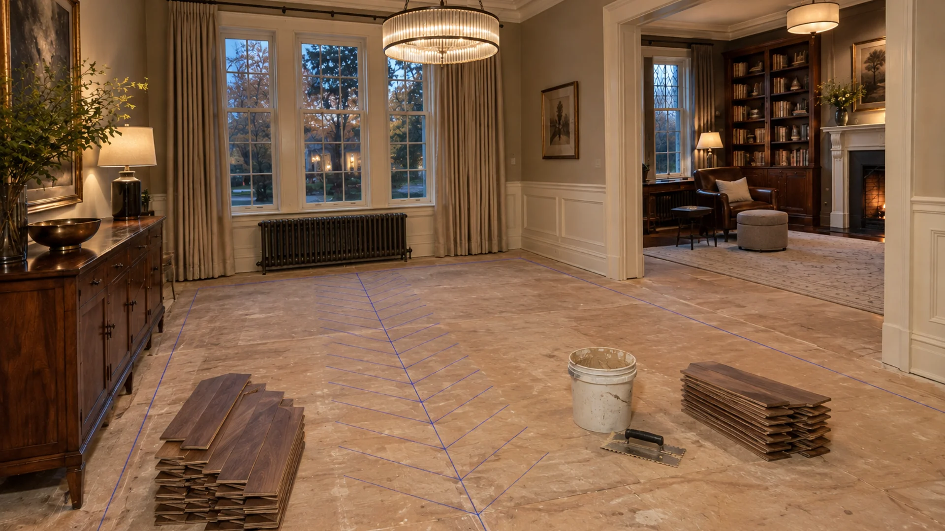 Toronto Quality Wood Flooring Deer Park deer park walnut herringbone job during the install phase showing bare subfloor, materials staged, and tools before completion.