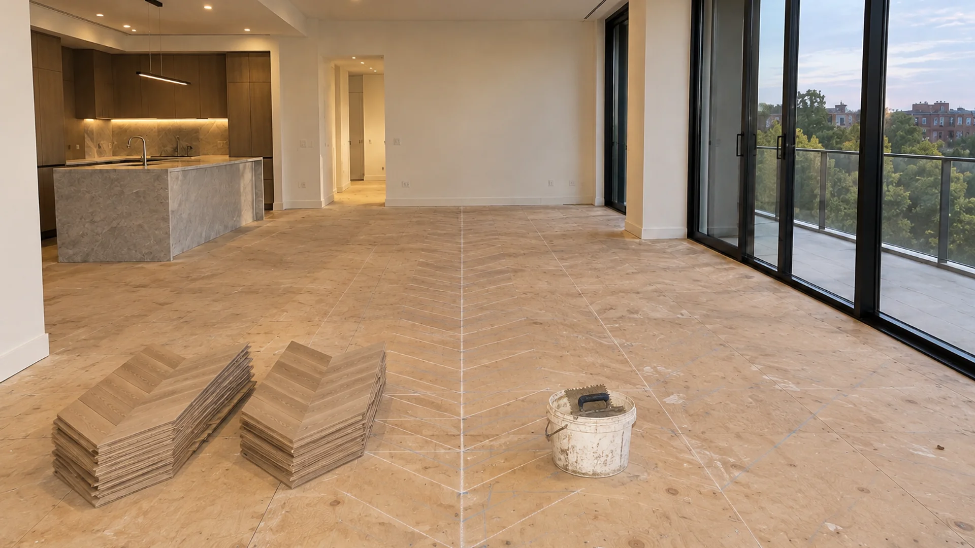 Toronto Quality Wood Flooring Summerhill summerhill chevron european white oak job during the install phase showing bare subfloor, materials staged, and tools before completion.