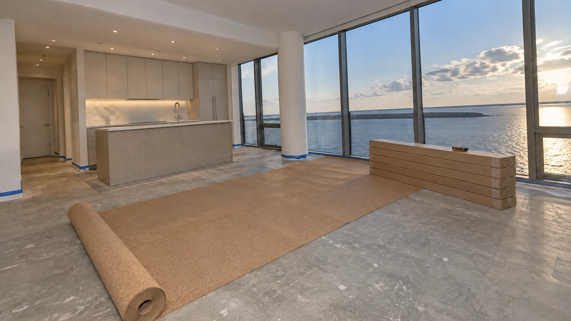 Toronto Quality Wood Flooring Harbourfront harbourfront 7" engineered oak job during the install phase showing bare subfloor, materials staged, and tools before completion.