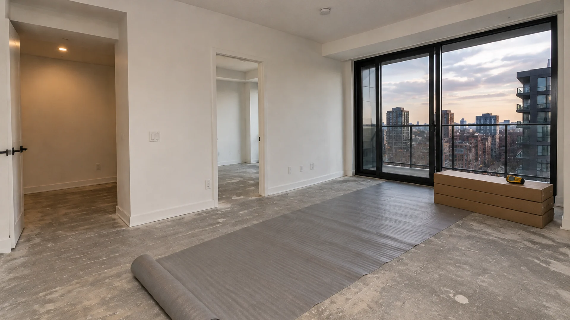Toronto Quality Wood Flooring King West king west condo 6" engineered euo job during the install phase showing bare subfloor, materials staged, and tools before completion.