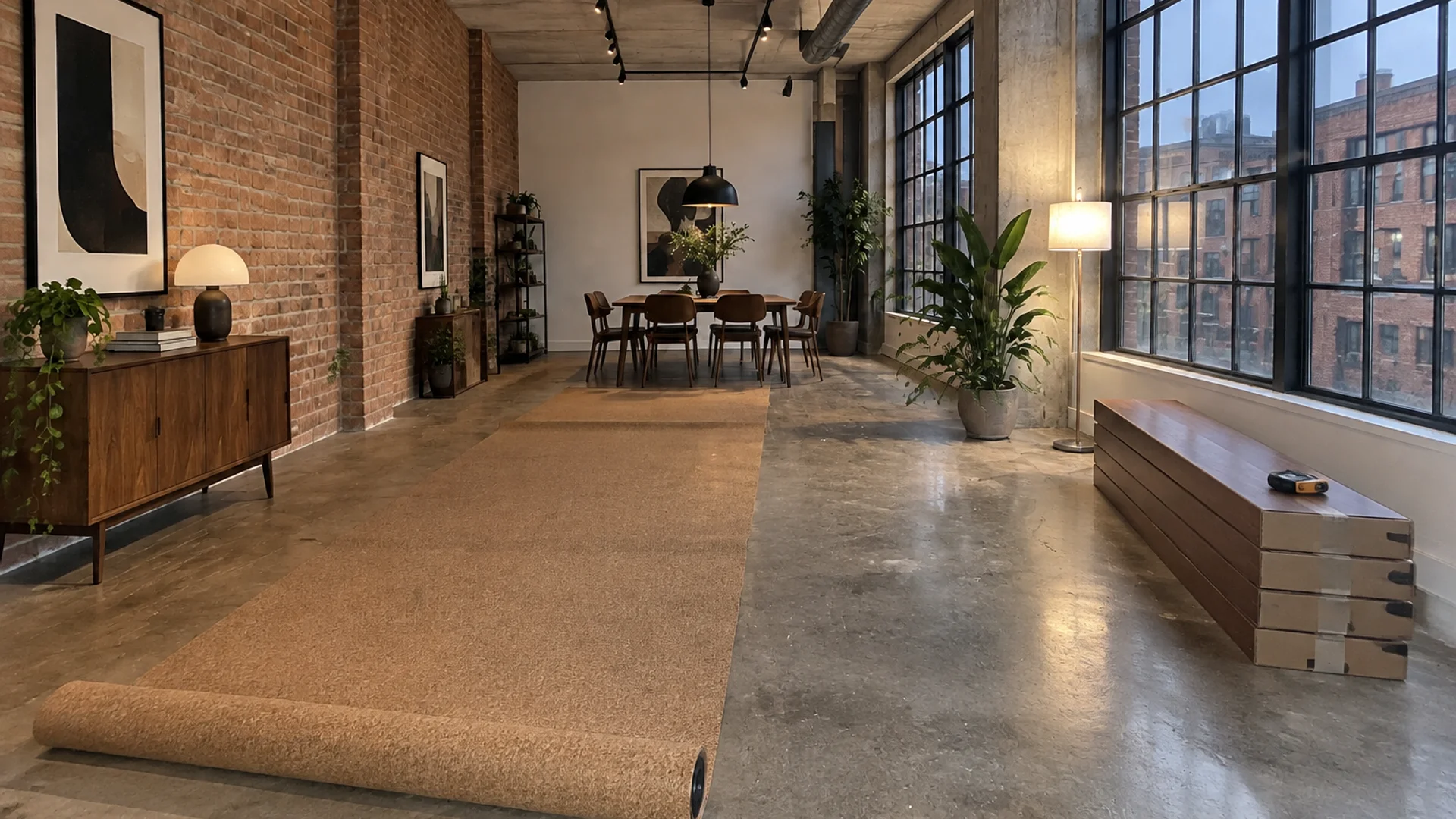 Toronto Quality Wood Flooring Liberty Village liberty village wide-plank engineered walnut job during the install phase showing bare subfloor, materials staged, and tools before completion.