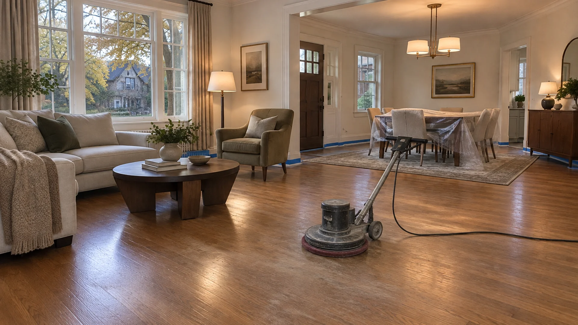 Toronto Quality Wood Flooring Lawrence Park lawrence park screen-and-recoat job during the install phase showing bare subfloor, materials staged, and tools before completion.