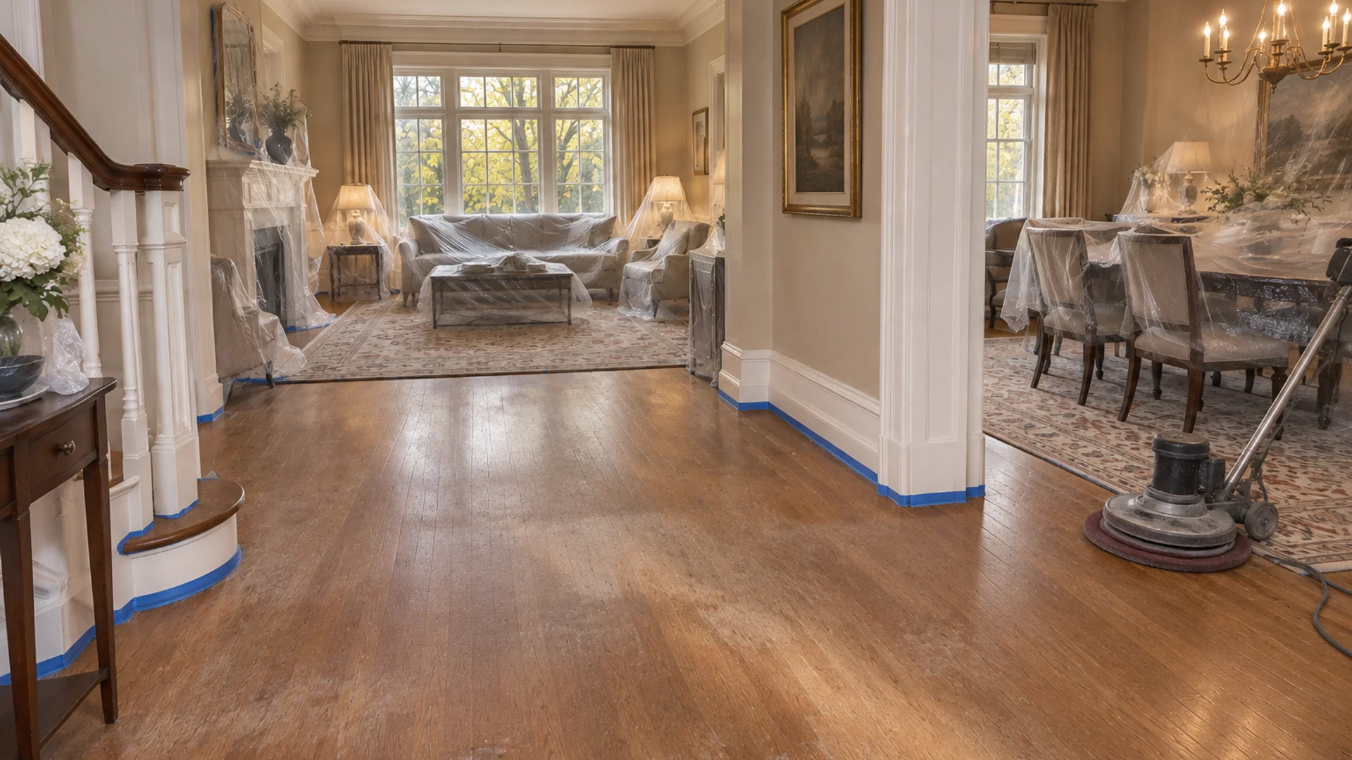 Toronto Quality Wood Flooring Rosedale rosedale red oak satin recoat job during the install phase showing bare subfloor, materials staged, and tools before completion.