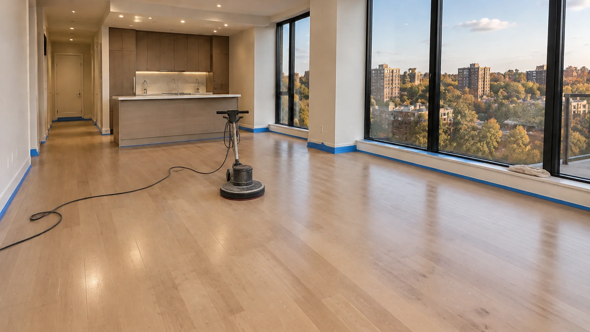 Toronto Quality Wood Flooring St. Clair West st. clair west maple light recoat job during the install phase showing bare subfloor, materials staged, and tools before completion.