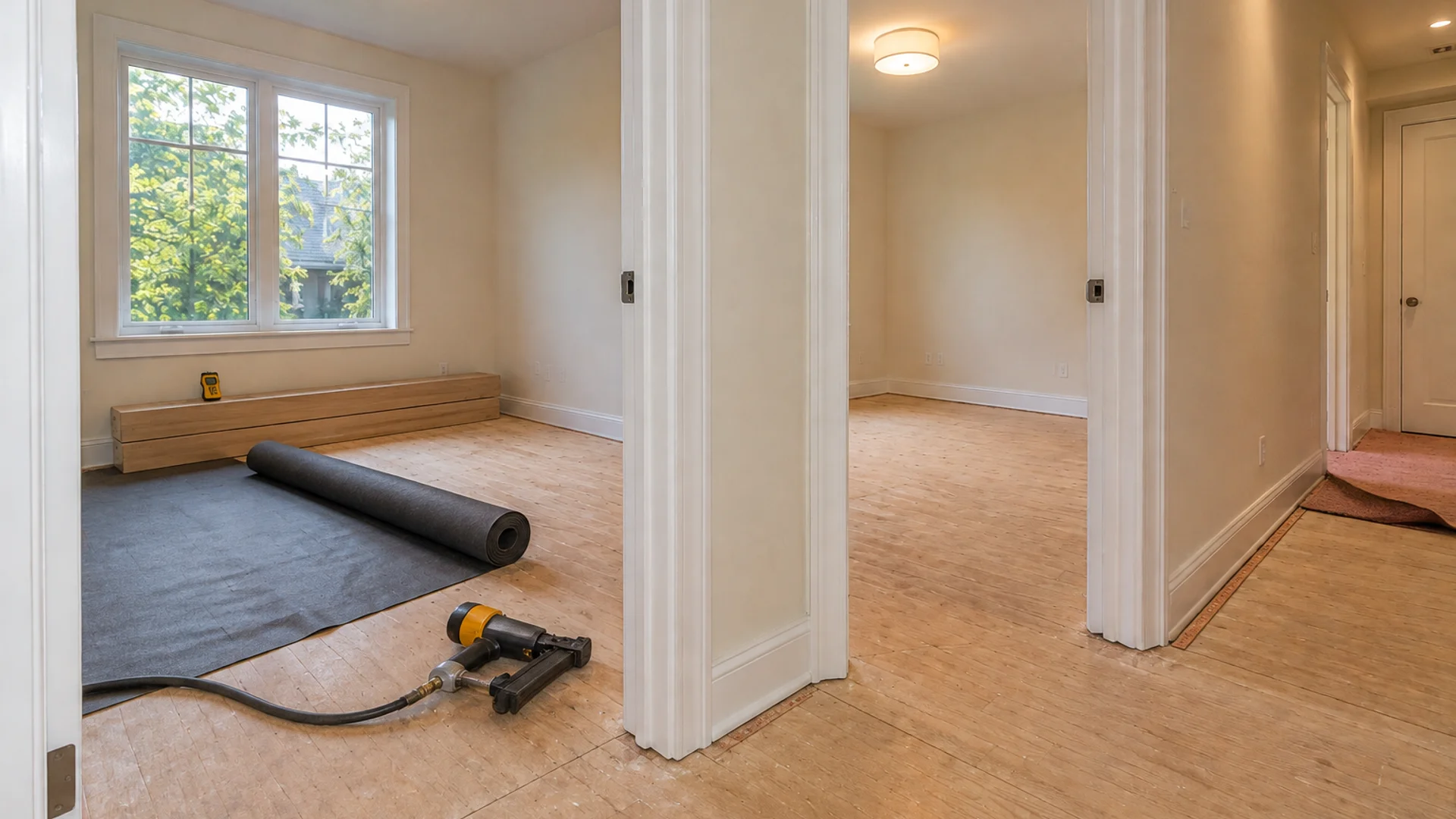 Toronto Quality Wood Flooring Davisville davisville hard maple install job during the install phase showing bare subfloor, materials staged, and tools before completion.