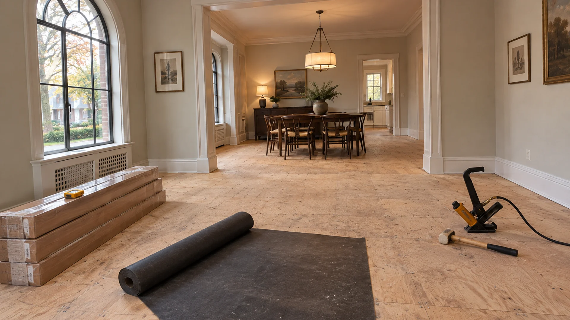 Toronto Quality Wood Flooring Rosedale rosedale red oak main floor job during the install phase showing bare subfloor, materials staged, and tools before completion.