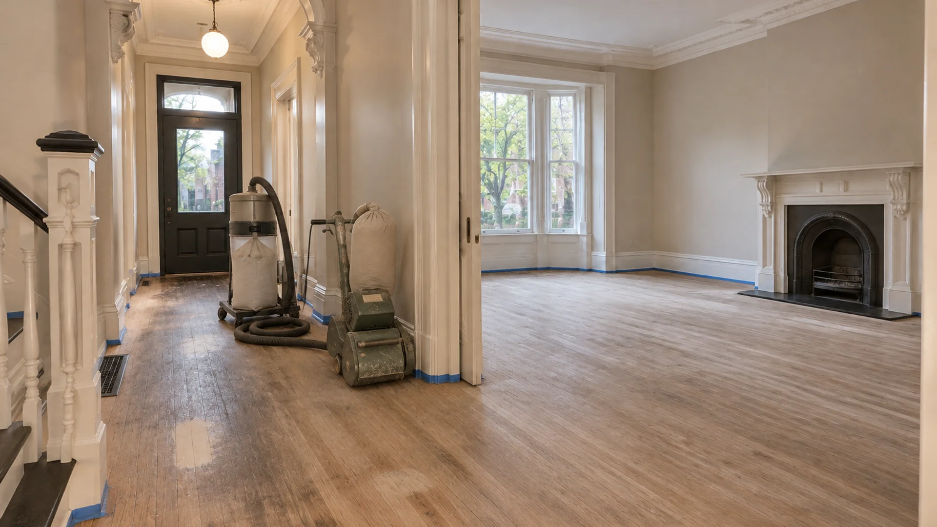 Toronto Quality Wood Flooring The Annex annex red oak full refinish job during the install phase showing bare subfloor, materials staged, and tools before completion.