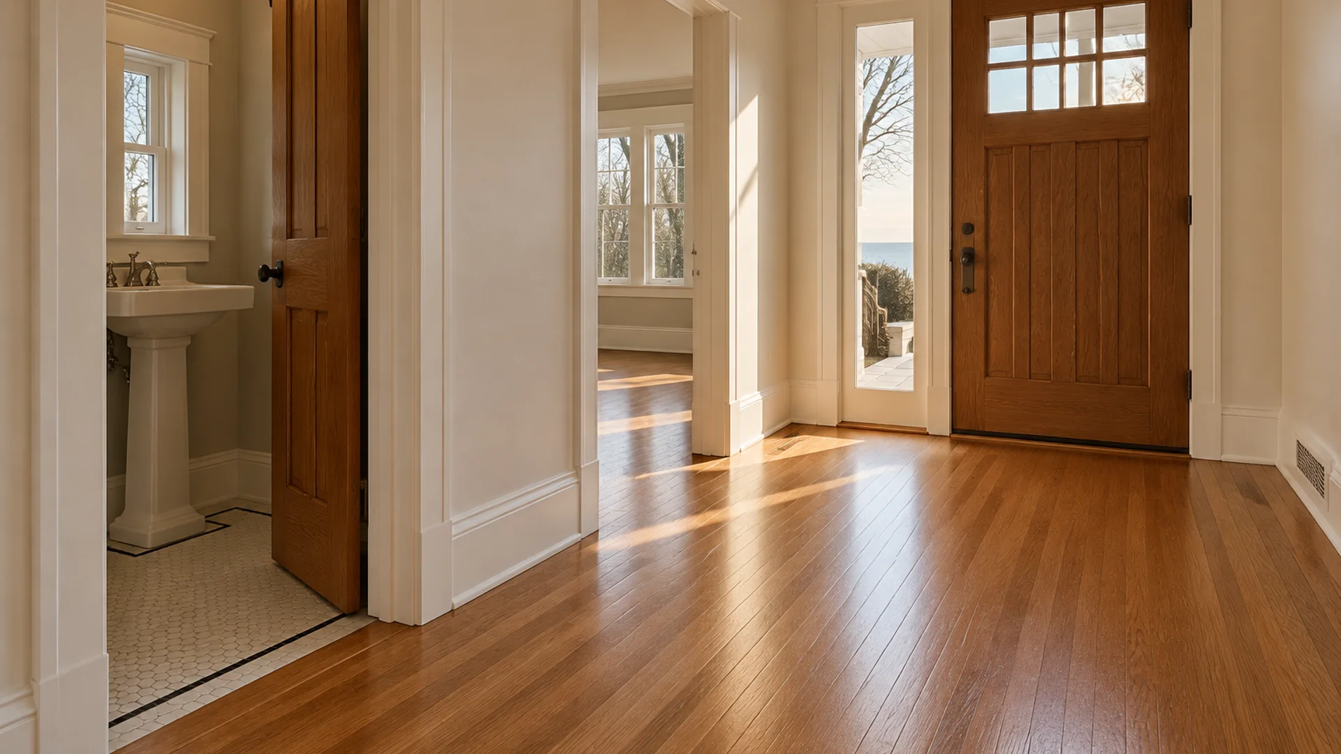 Toronto Quality Wood Flooring The Beaches the beaches powder room + hall refinish finished — portfolio documentation photo of the completed scope.