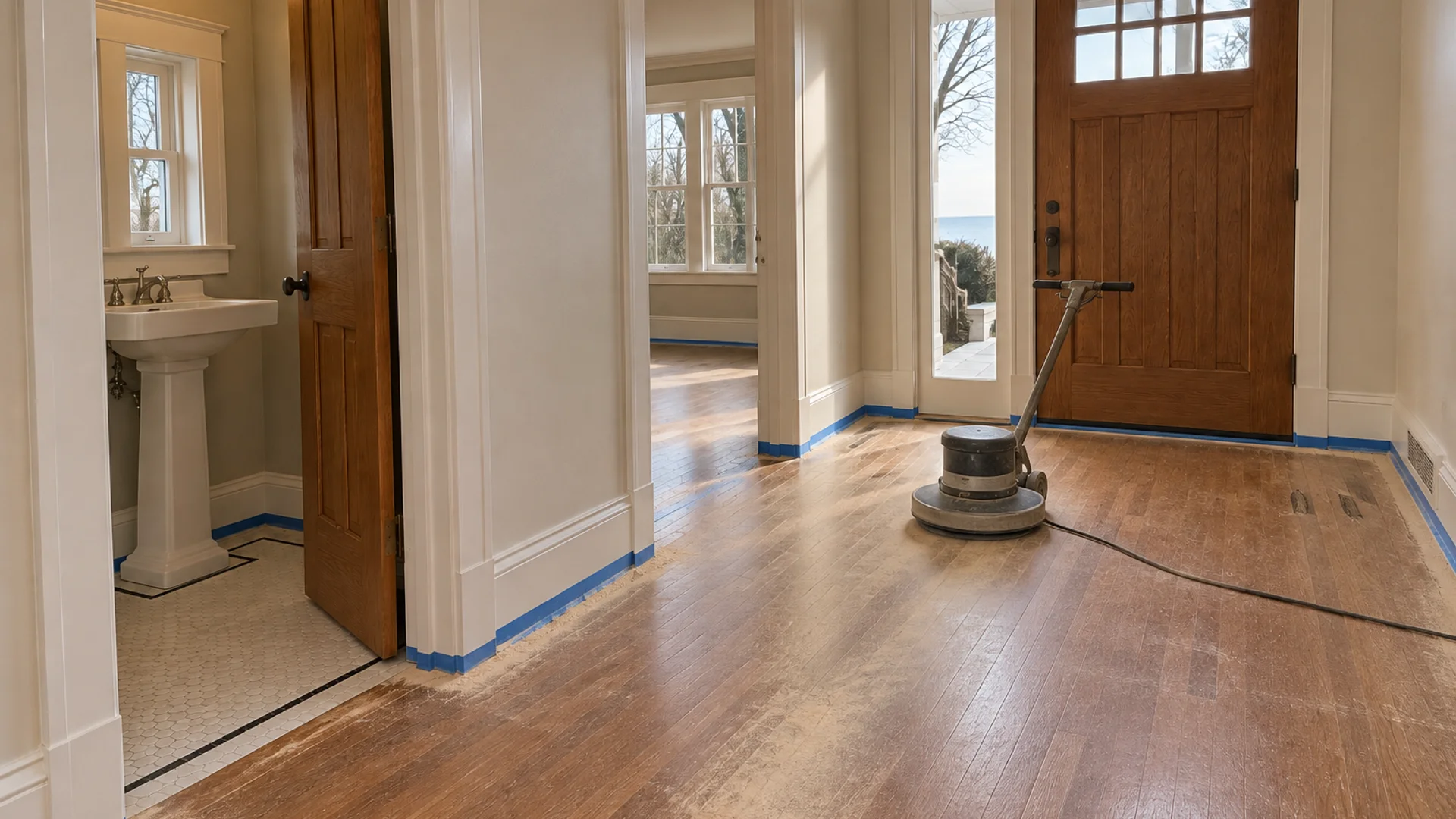 Toronto Quality Wood Flooring The Beaches the beaches powder room + hall refinish job during the install phase showing bare subfloor, materials staged, and tools before completion.