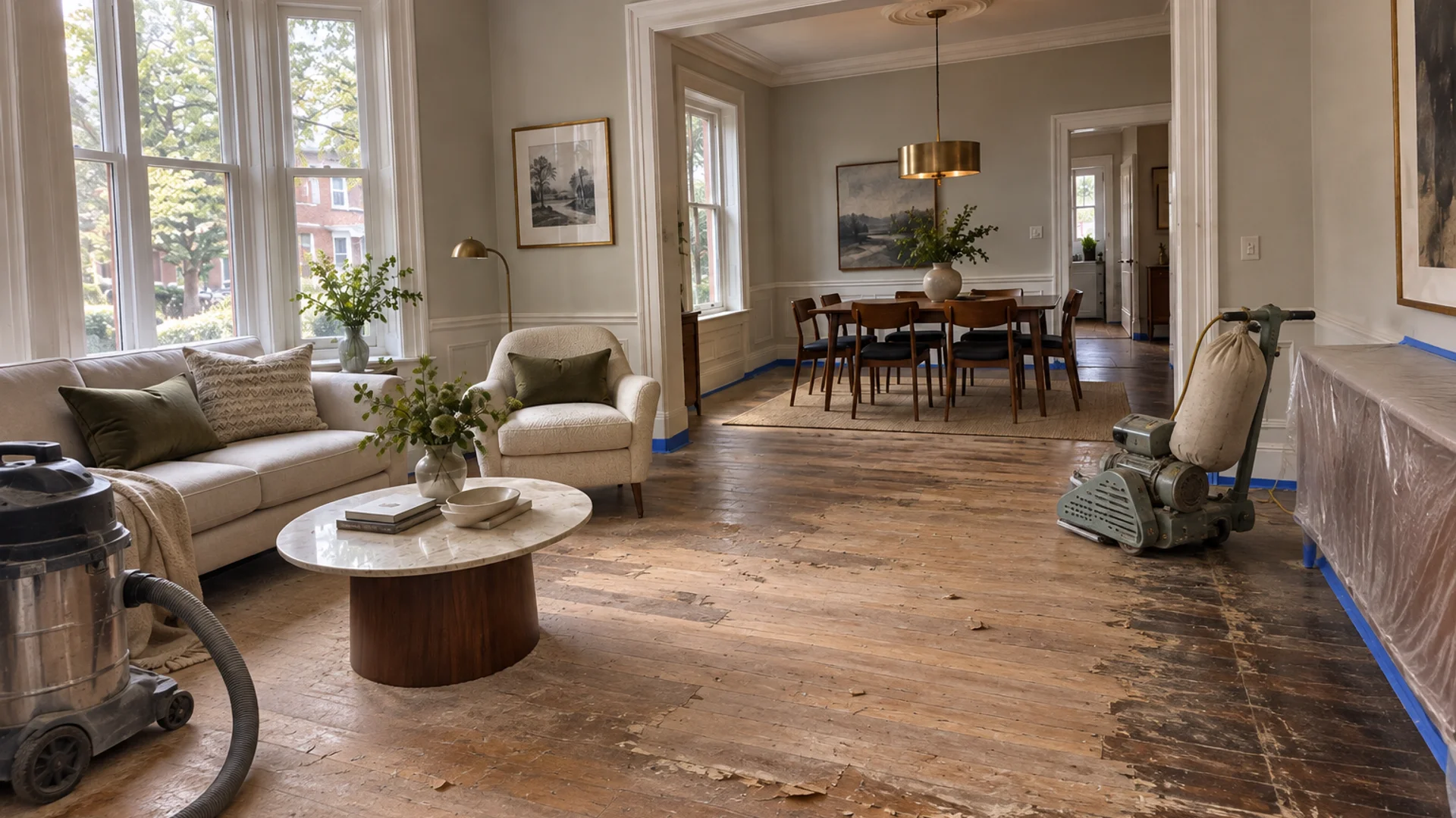 Toronto Quality Wood Flooring Cabbagetown cabbagetown victorian heritage refinish job during the install phase showing bare subfloor, materials staged, and tools before completion.