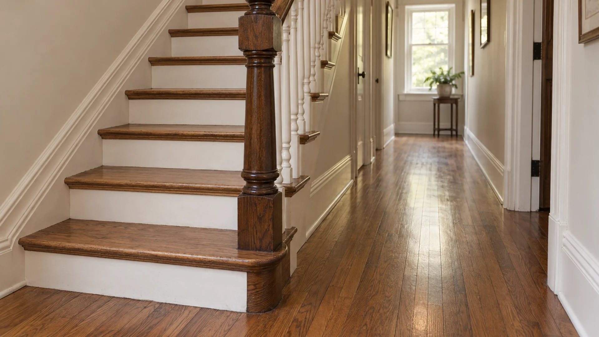 Toronto Quality Wood Flooring Danforth danforth stair tread + 3 feather-ins finished — portfolio documentation photo of the completed scope.