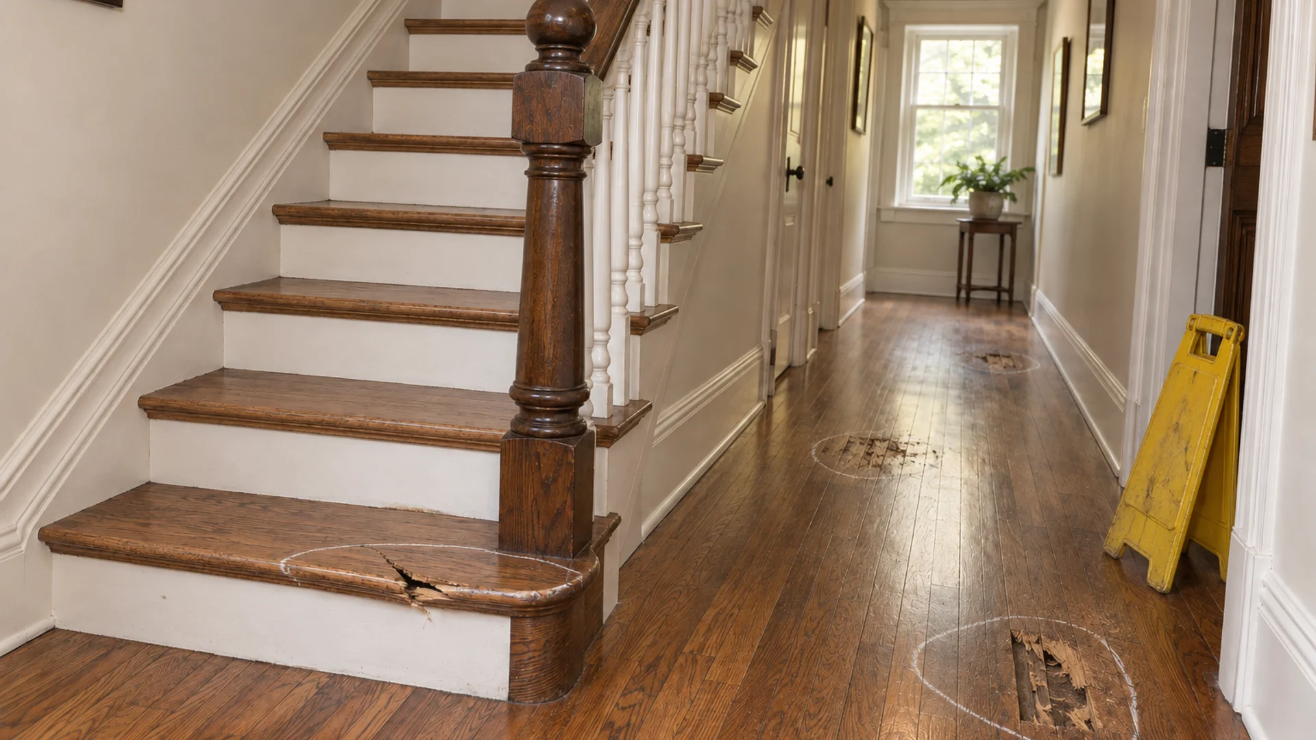 Toronto Quality Wood Flooring Danforth danforth stair tread + 3 feather-ins job during the install phase showing bare subfloor, materials staged, and tools before completion.