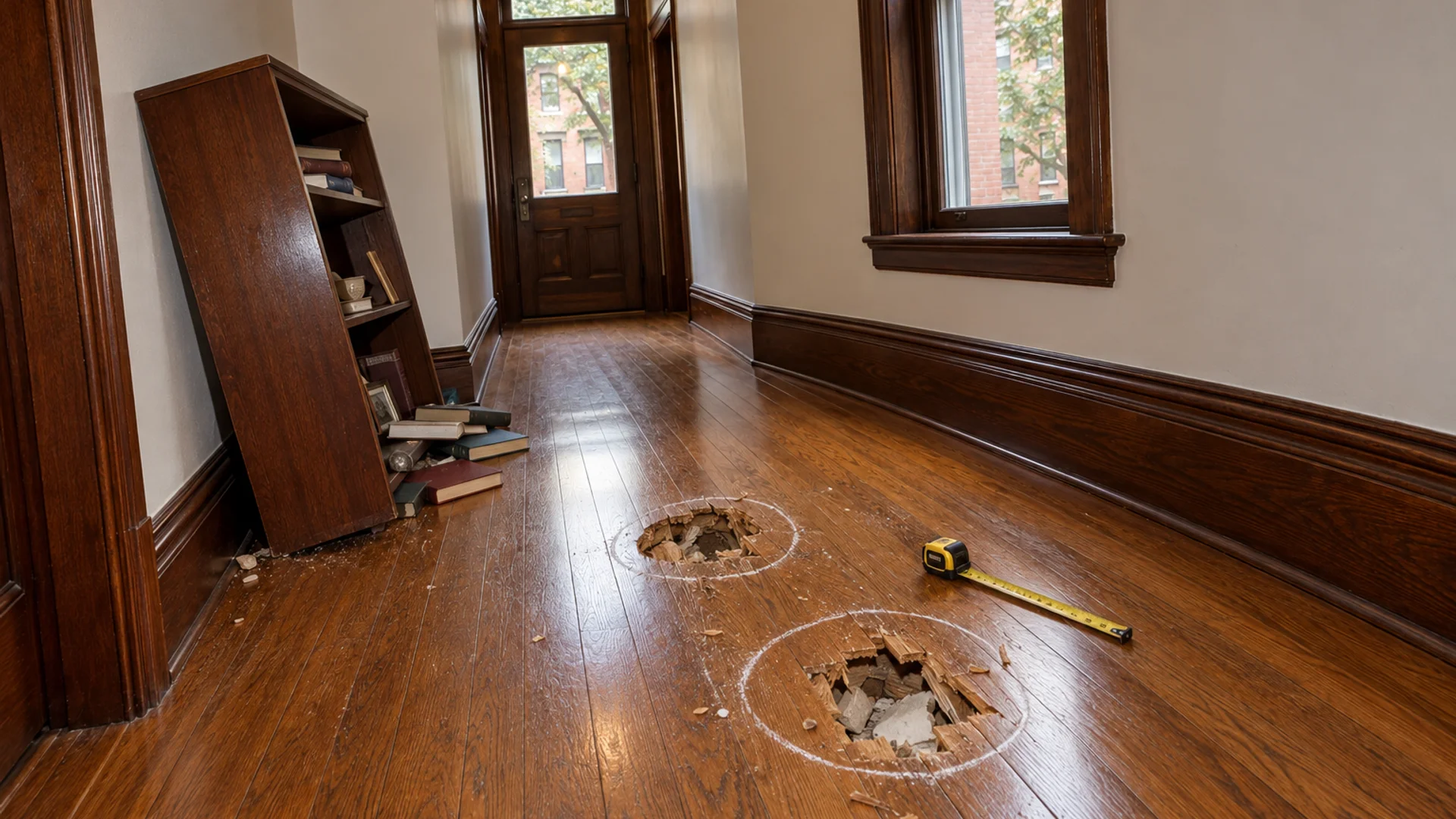 Toronto Quality Wood Flooring Little Italy little italy twin hole repair job during the install phase showing bare subfloor, materials staged, and tools before completion.