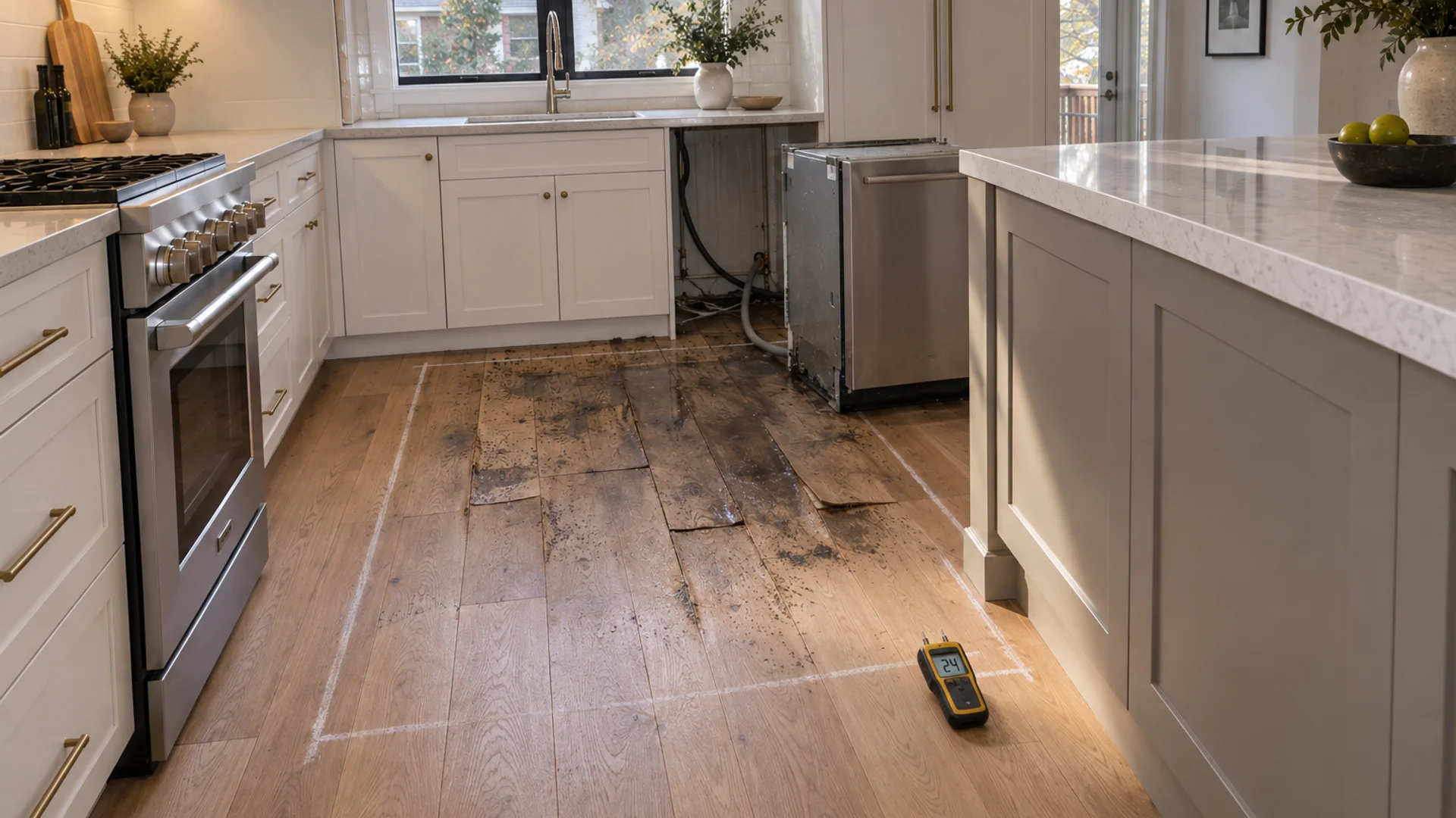 Toronto Quality Wood Flooring Trinity Bellwoods trinity bellwoods water-stain board replacement job during the install phase showing bare subfloor, materials staged, and tools before completion.
