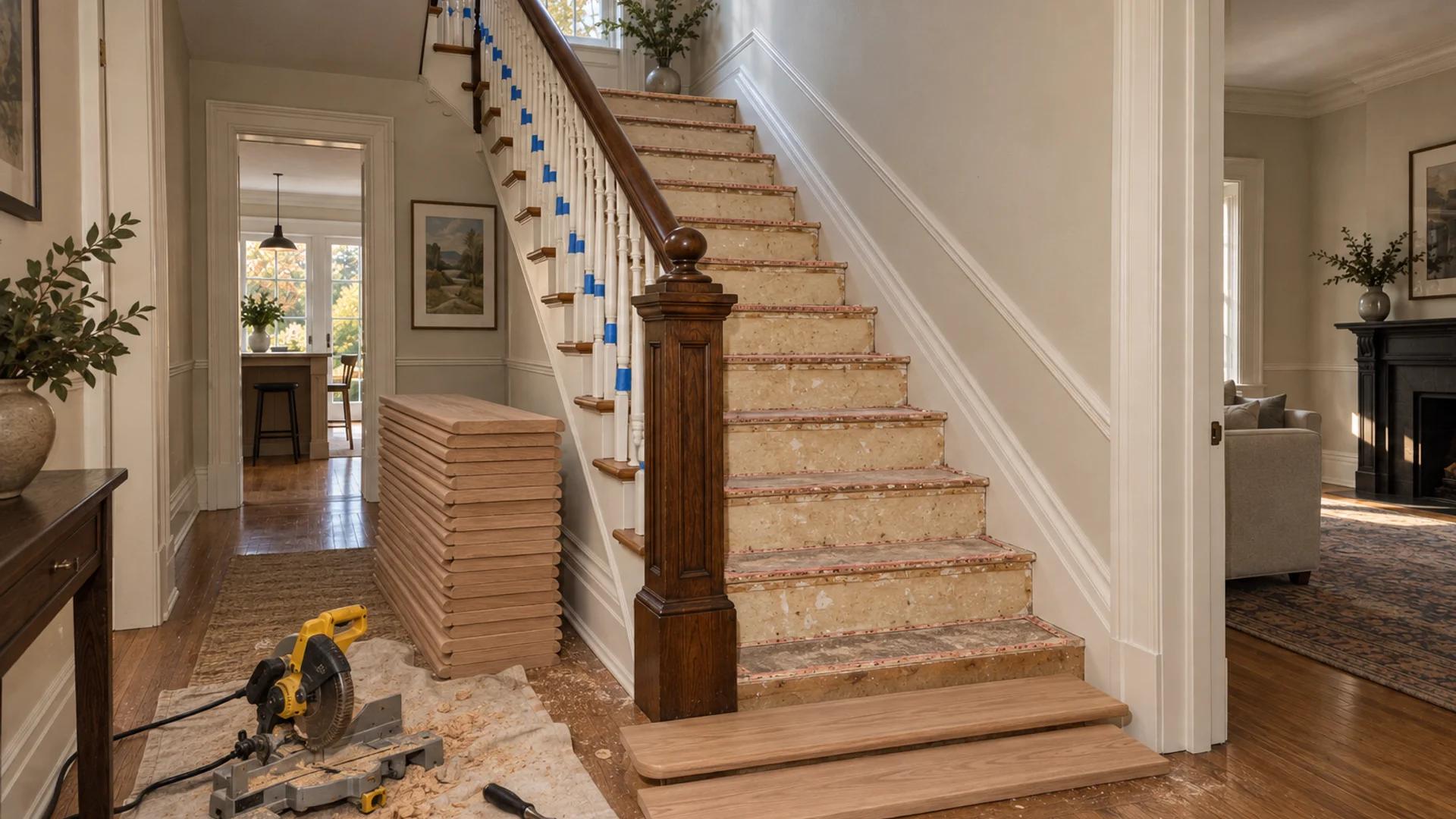 Toronto Quality Wood Flooring Forest Hill forest hill 14-step red oak staircase job during the install phase showing bare subfloor, materials staged, and tools before completion.