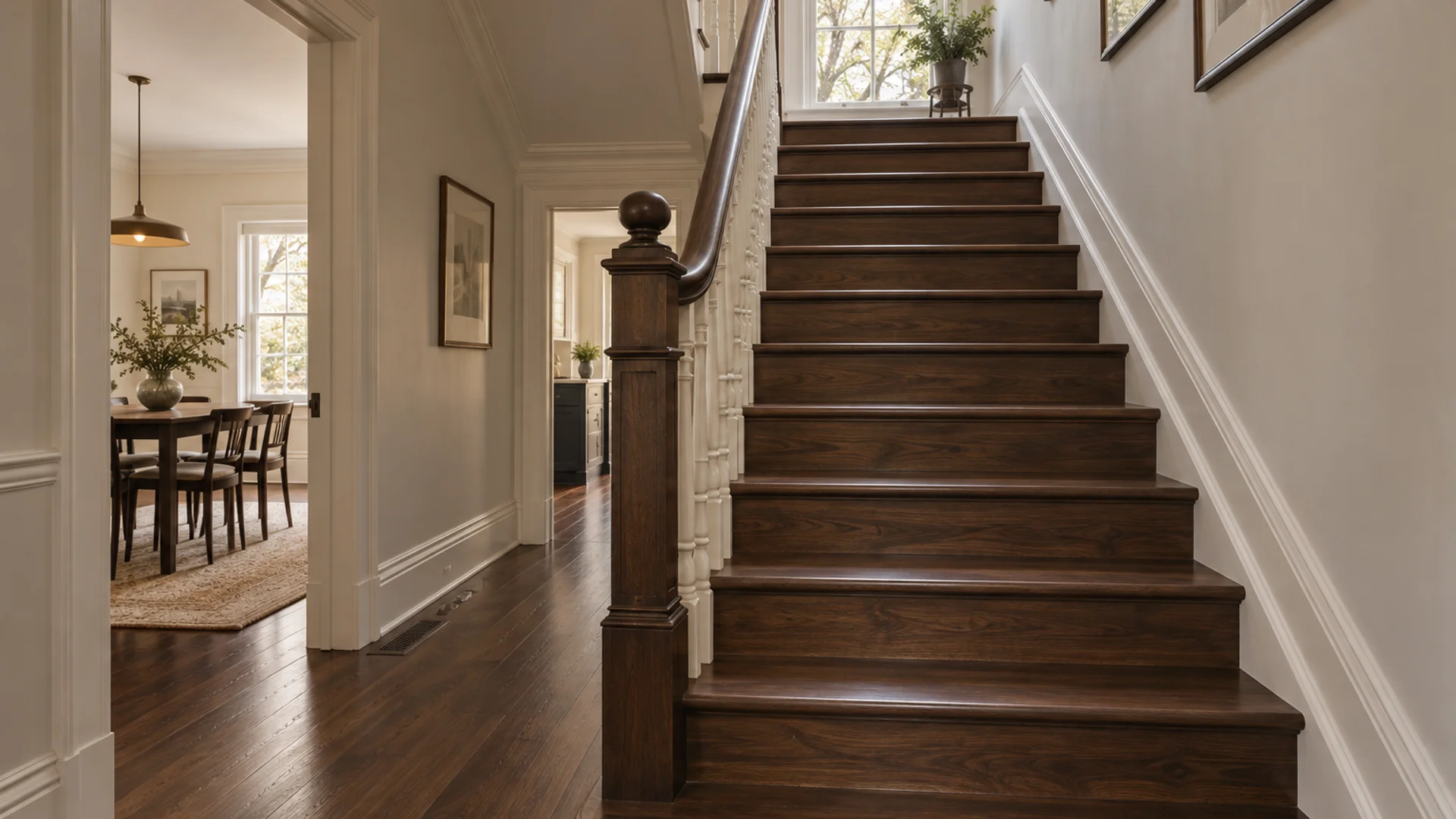 Toronto Quality Wood Flooring High Park high park 11-step american walnut staircase finished — portfolio documentation photo of the completed scope.