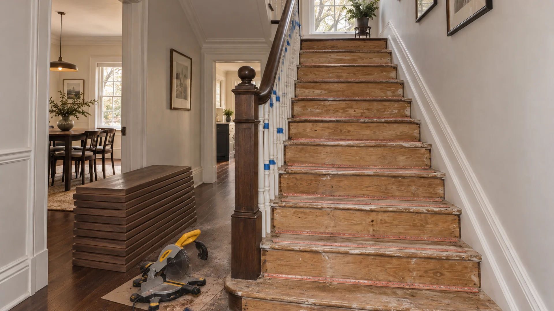 Toronto Quality Wood Flooring High Park high park 11-step american walnut staircase job during the install phase showing bare subfloor, materials staged, and tools before completion.