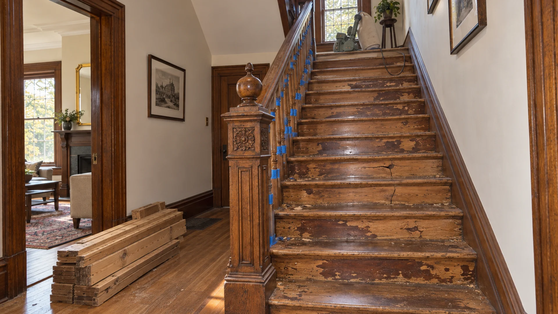 Toronto Quality Wood Flooring Rosedale rosedale 17-step heritage pine restoration job during the install phase showing bare subfloor, materials staged, and tools before completion.