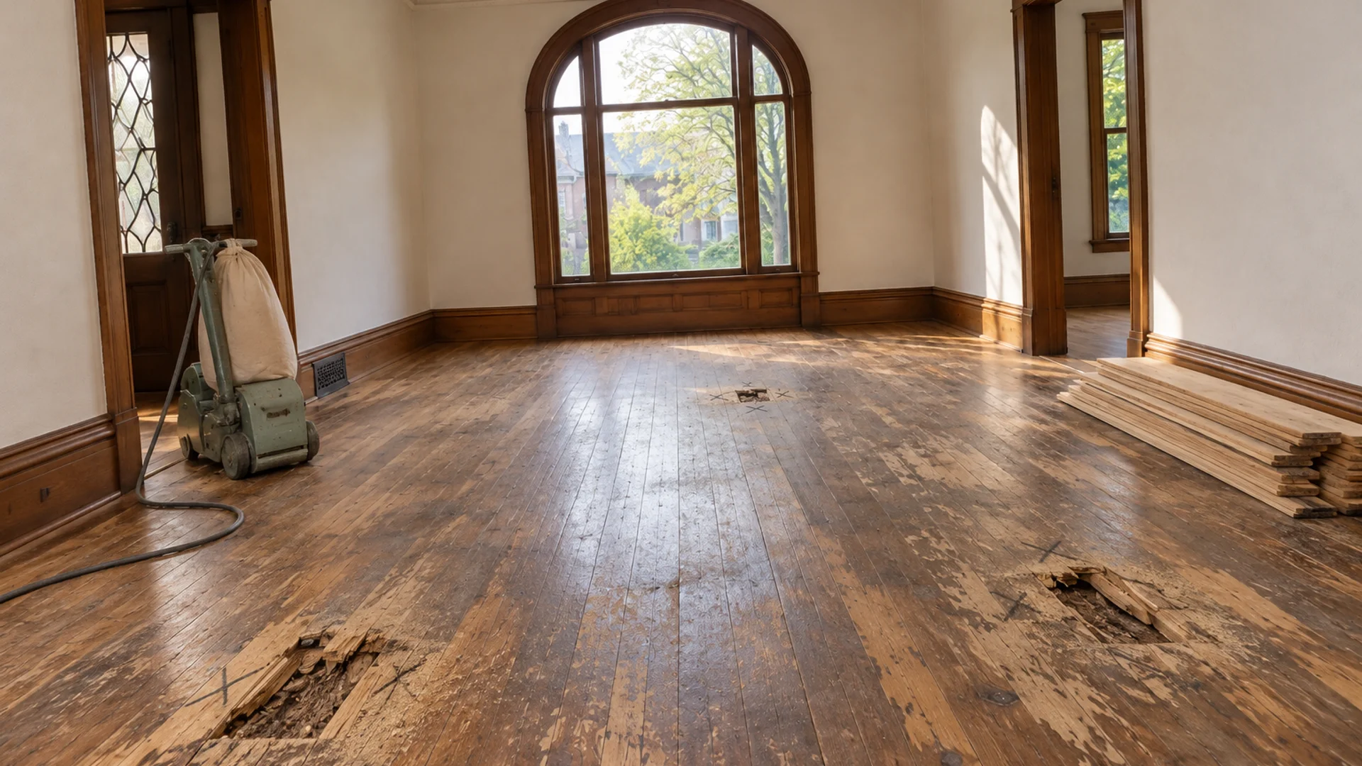 Toronto Quality Wood Flooring The Annex annex 1908 red pine restoration job during the install phase showing bare subfloor, materials staged, and tools before completion.