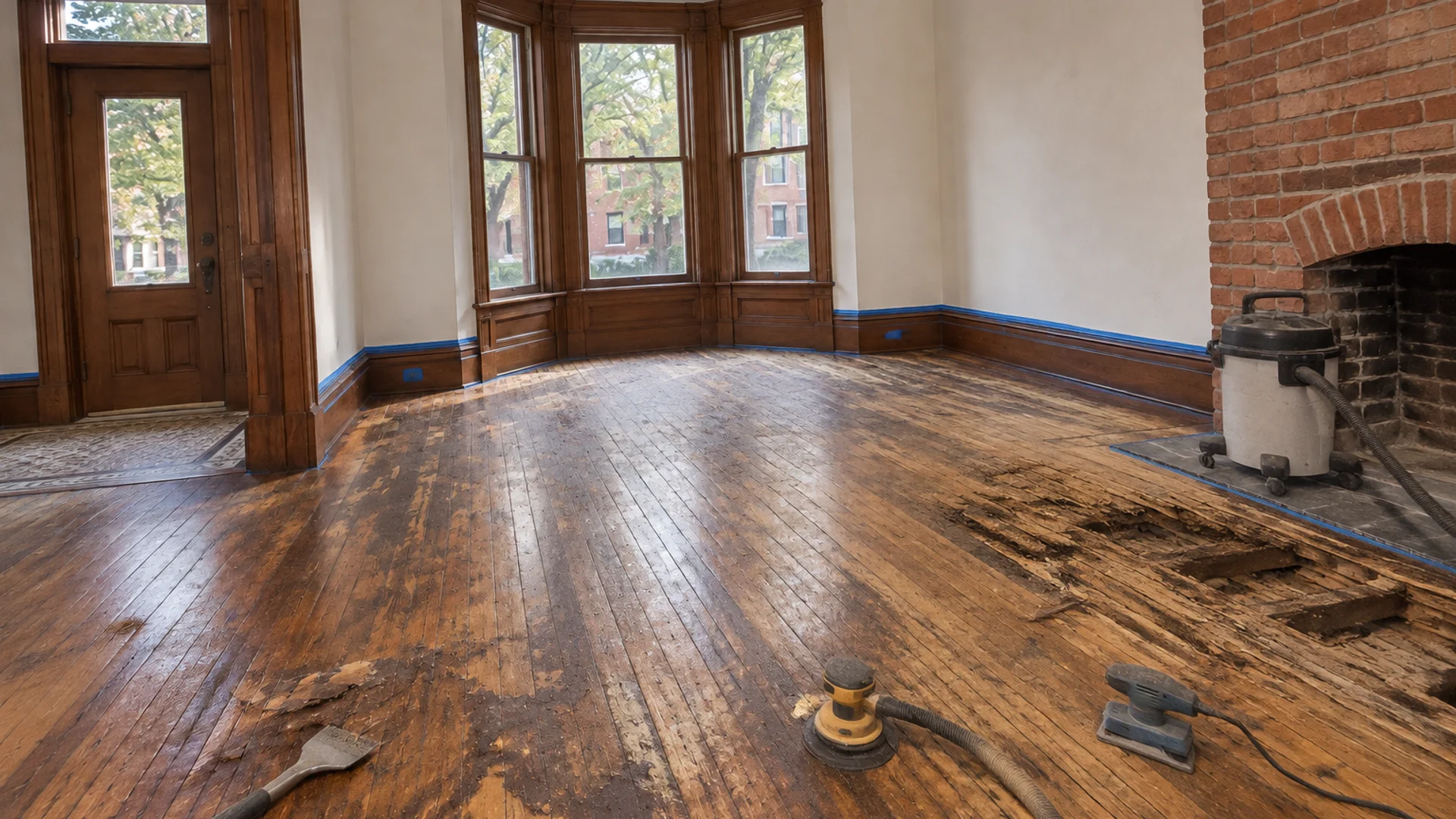 Toronto Quality Wood Flooring Cabbagetown cabbagetown douglas fir heritage restore job during the install phase showing bare subfloor, materials staged, and tools before completion.