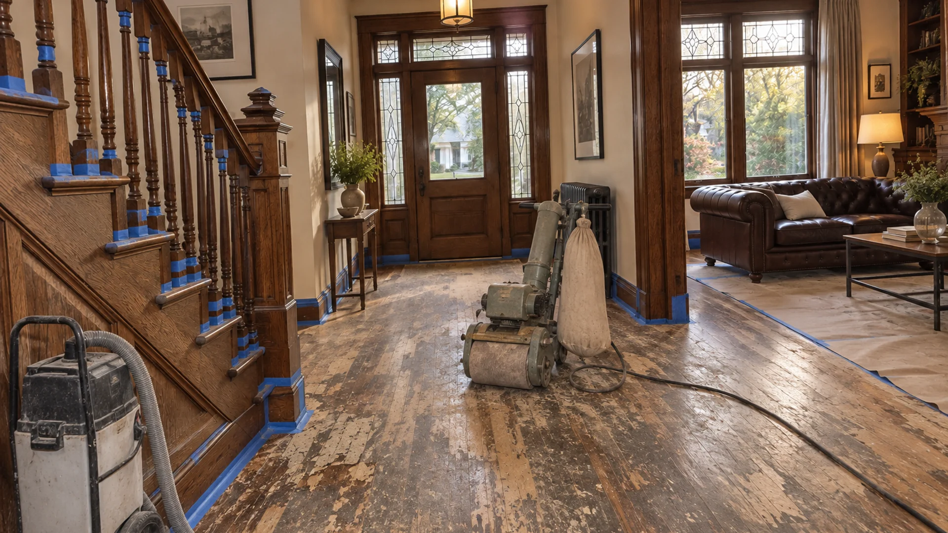 Toronto Quality Wood Flooring Rosedale rosedale 1908 red oak full restoration job during the install phase showing bare subfloor, materials staged, and tools before completion.