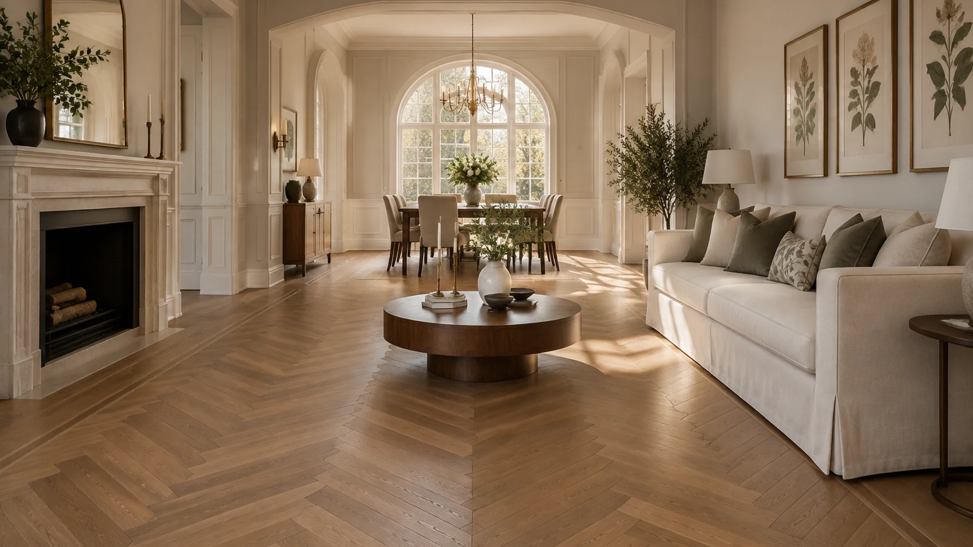 Toronto Quality Wood Flooring completed Forest Hill European white oak herringbone pattern installation with double-row border frame, mirrored chevron direction across the room centre line, under directional sun through the tall front window.