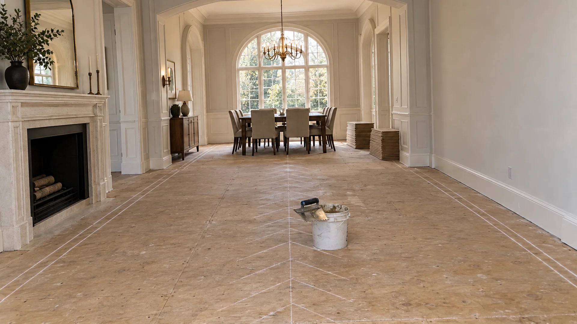 Toronto Quality Wood Flooring Forest Hill formal living and dining room with old parquet lifted and removed, exposed plywood subfloor with chalk-line herringbone pattern layout snapped across the full room, and pre-finished European white oak herringbone pieces stacked in two colour-matched piles.