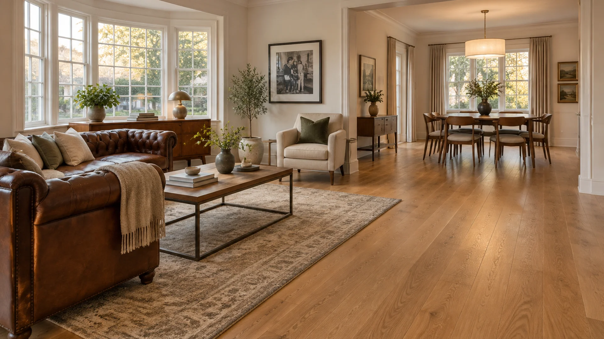 Toronto Quality Wood Flooring completed Leaside whole-home 5-inch solid red oak installation nail-down over 15 lb felt, sanded with a 3-grit sequence, and finished with 3 coats of Bona Mega ONE satin under afternoon bay-window light.