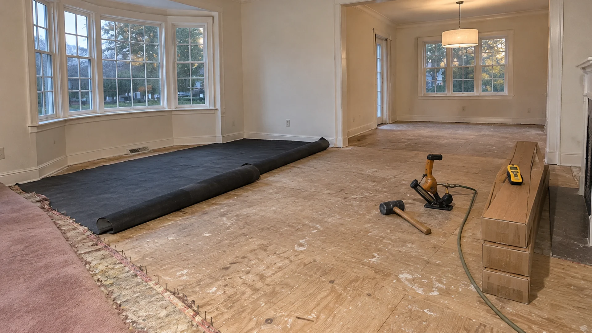 Toronto Quality Wood Flooring Leaside detached-home main floor with old carpet pulled up revealing plywood subfloor, pink carpet pad staples still visible, and boxes of 5-inch solid red oak stacked near the fireplace with a moisture meter on top of the first box.