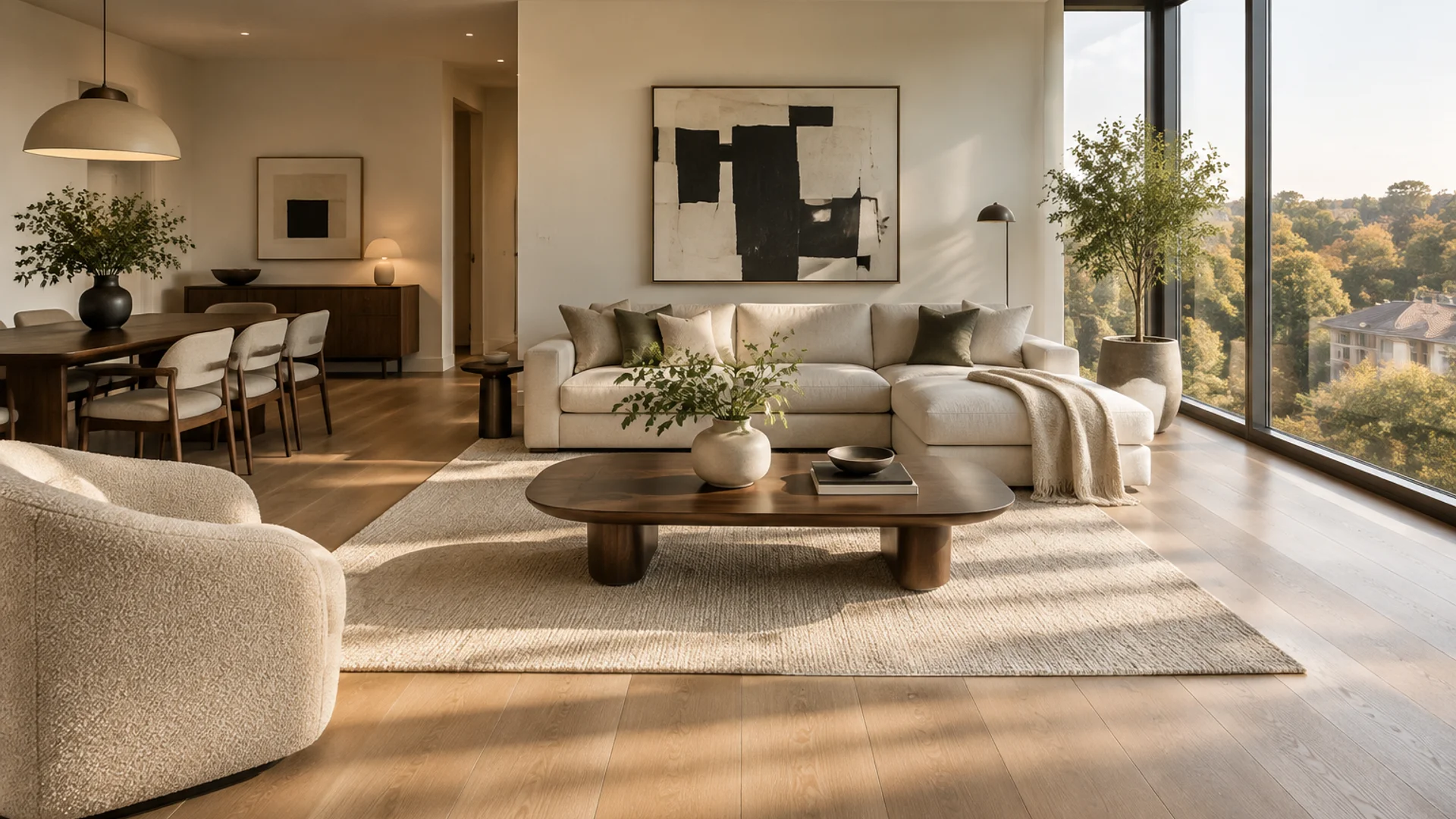 Toronto Quality Wood Flooring completed Yorkville penthouse 10-inch wide-plank European white oak install, floating over cork underlayment and finished on-site with Rubio Monocoat Pure, under warm morning light from the floor-to-ceiling corner window.