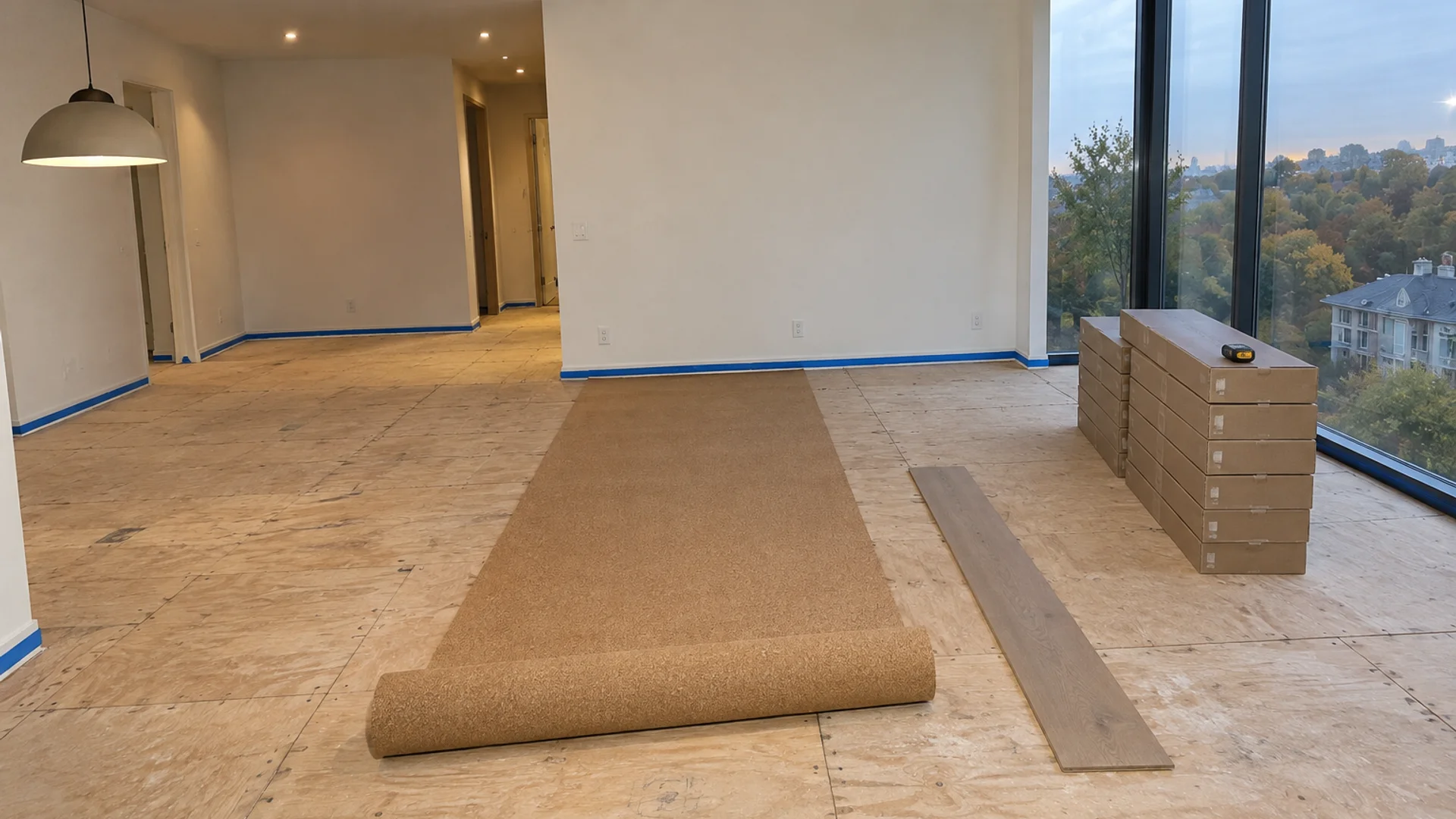 Toronto Quality Wood Flooring Yorkville penthouse mid-installation showing bare plywood subfloor fully exposed with 10-inch wide-plank European white oak boxes stacked for 14-day acclimation beside the floor-to-ceiling window.
