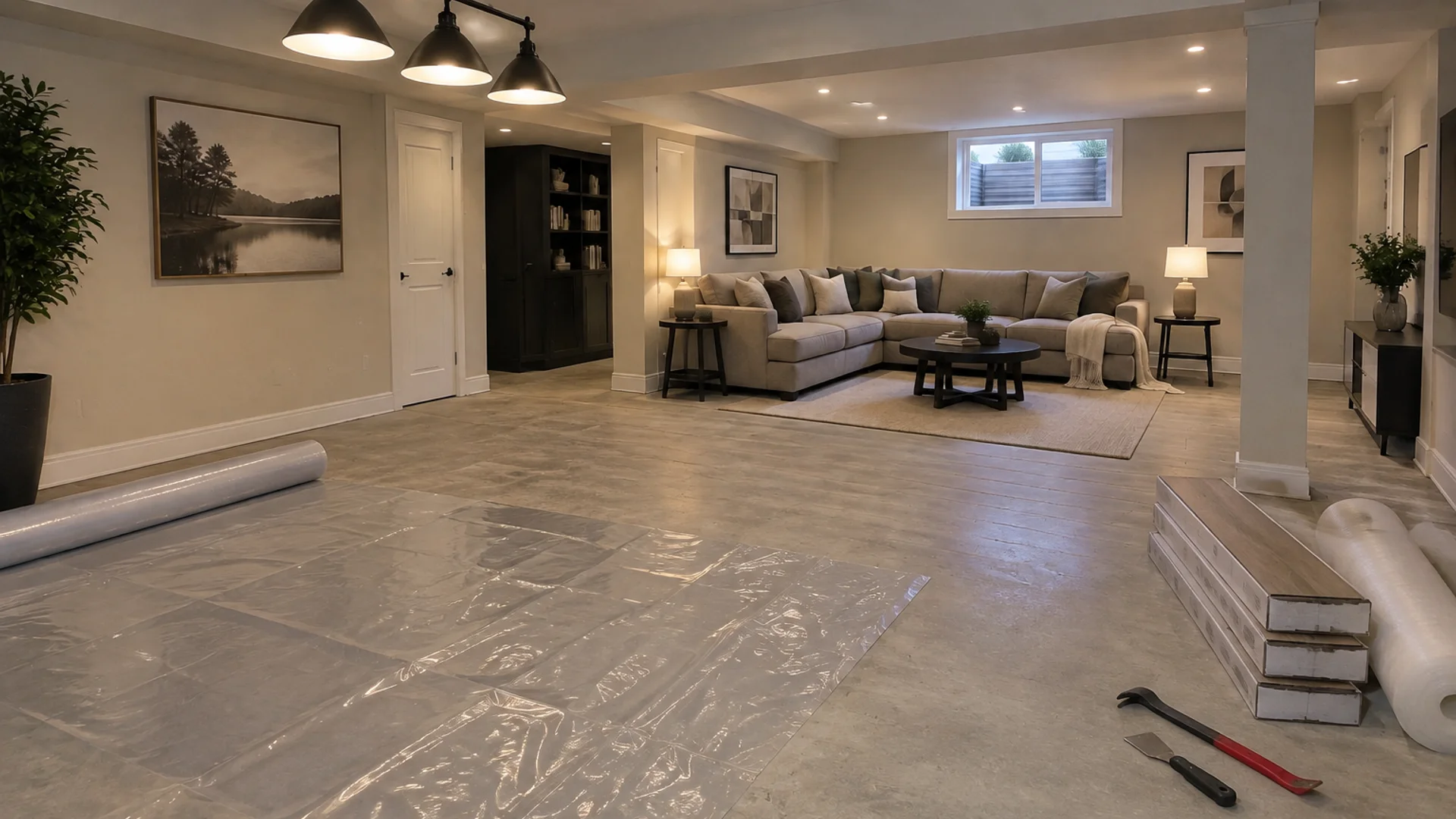 Toronto Quality Wood Flooring Agincourt agincourt basement 12mm laminate job during the install phase showing bare subfloor, materials staged, and tools before completion.