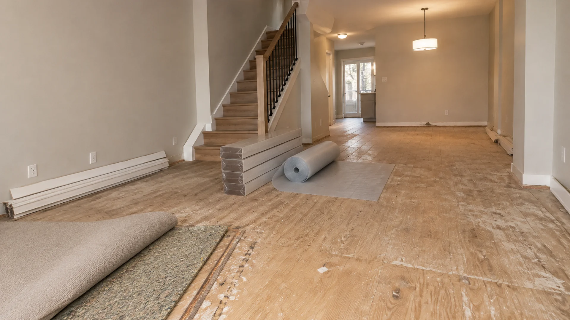 Toronto Quality Wood Flooring North York north york townhouse ac4 oak-look job during the install phase showing bare subfloor, materials staged, and tools before completion.