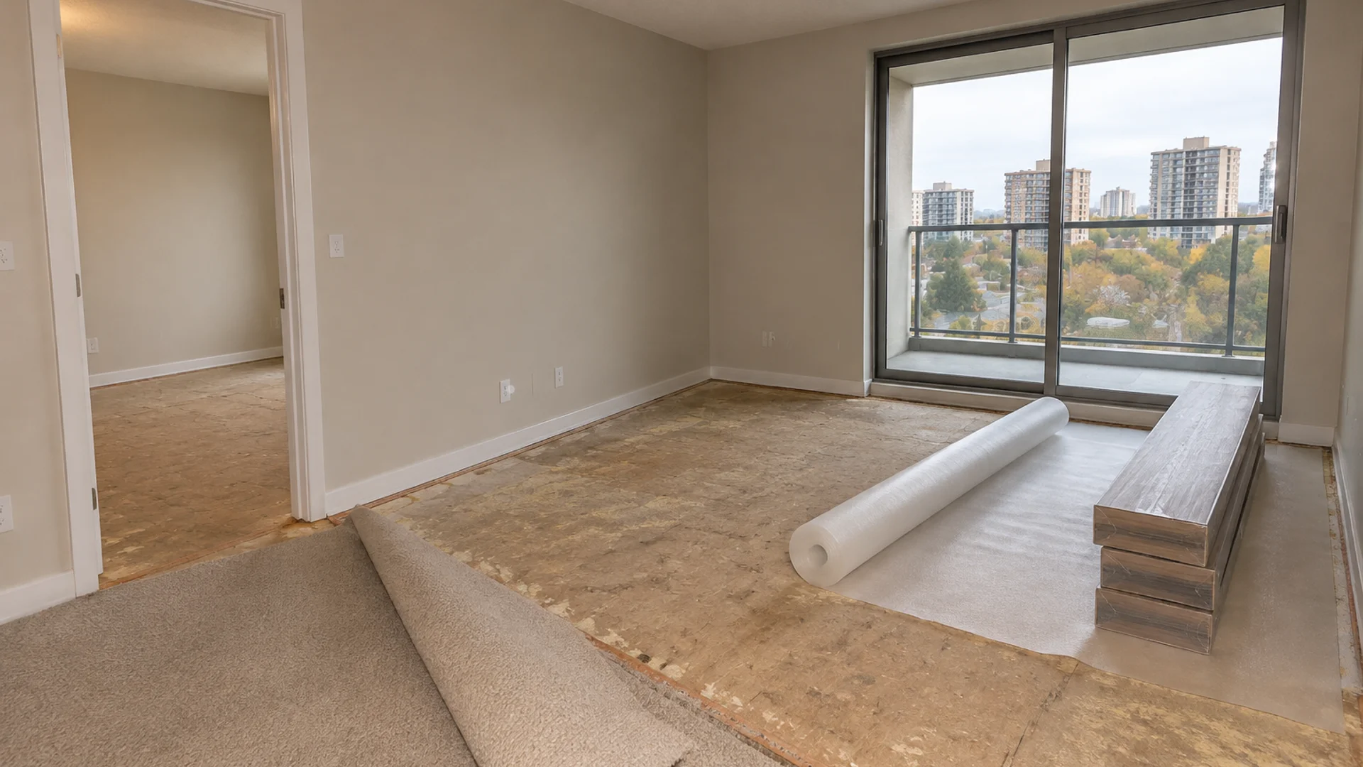 Toronto Quality Wood Flooring Scarborough scarborough rental ac4 laminate job during the install phase showing bare subfloor, materials staged, and tools before completion.