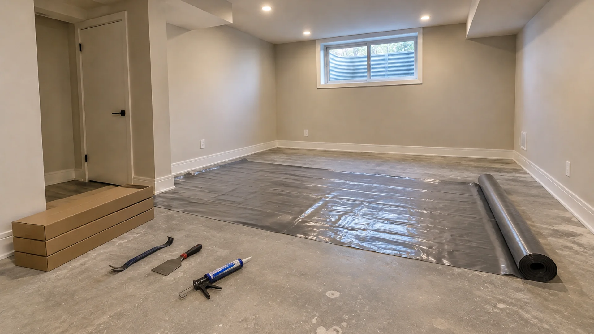 Toronto Quality Wood Flooring Christie Pits christie pits basement lvp job during the install phase showing bare subfloor, materials staged, and tools before completion.