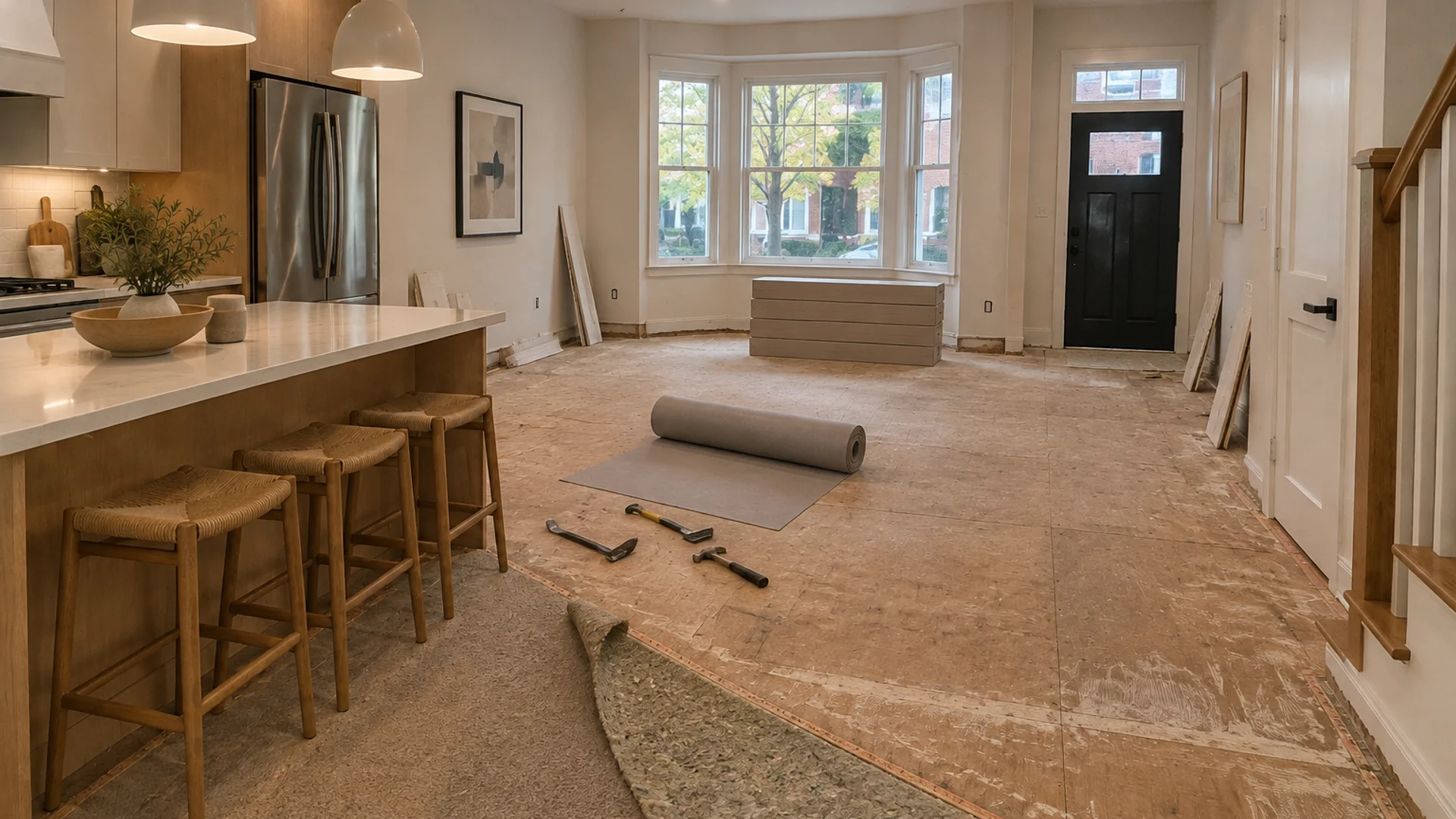 Toronto Quality Wood Flooring Junction Triangle junction triangle whole-home lvp job during the install phase showing bare subfloor, materials staged, and tools before completion.