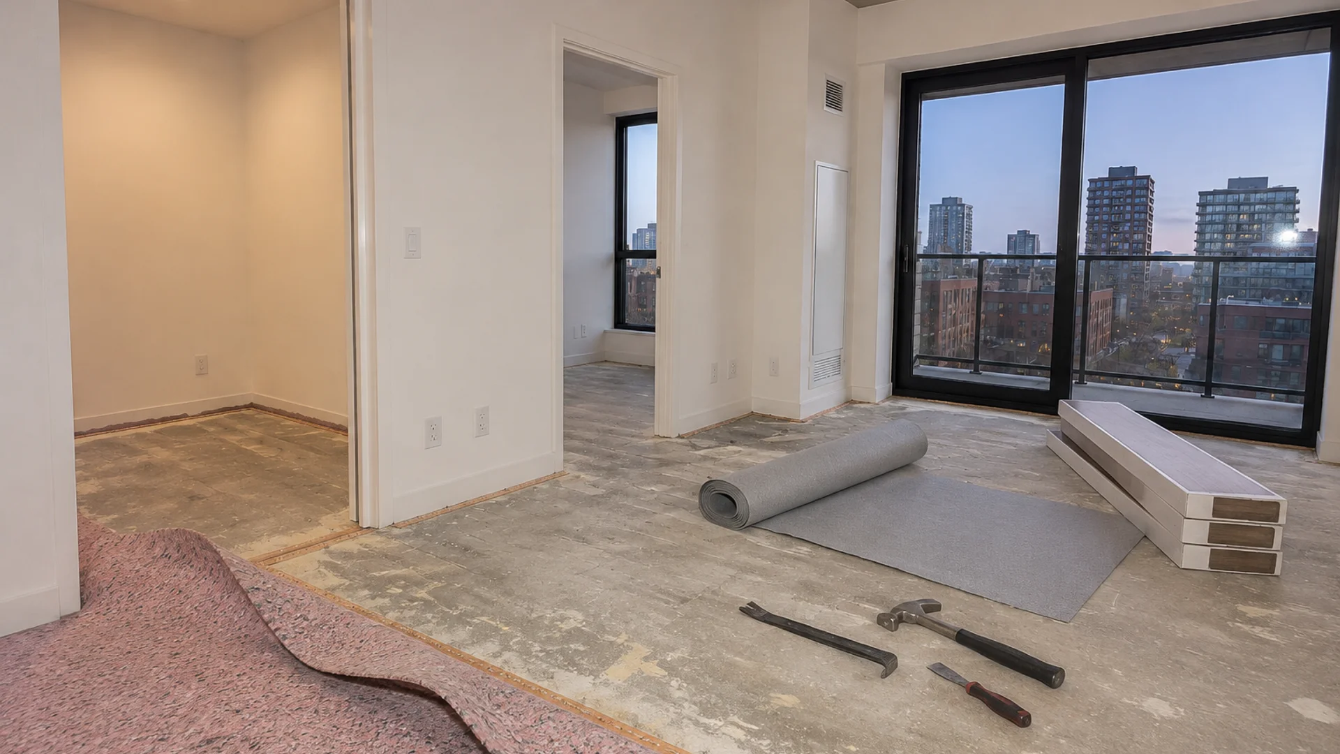 Toronto Quality Wood Flooring King West king west condo waterproof lvp job during the install phase showing bare subfloor, materials staged, and tools before completion.