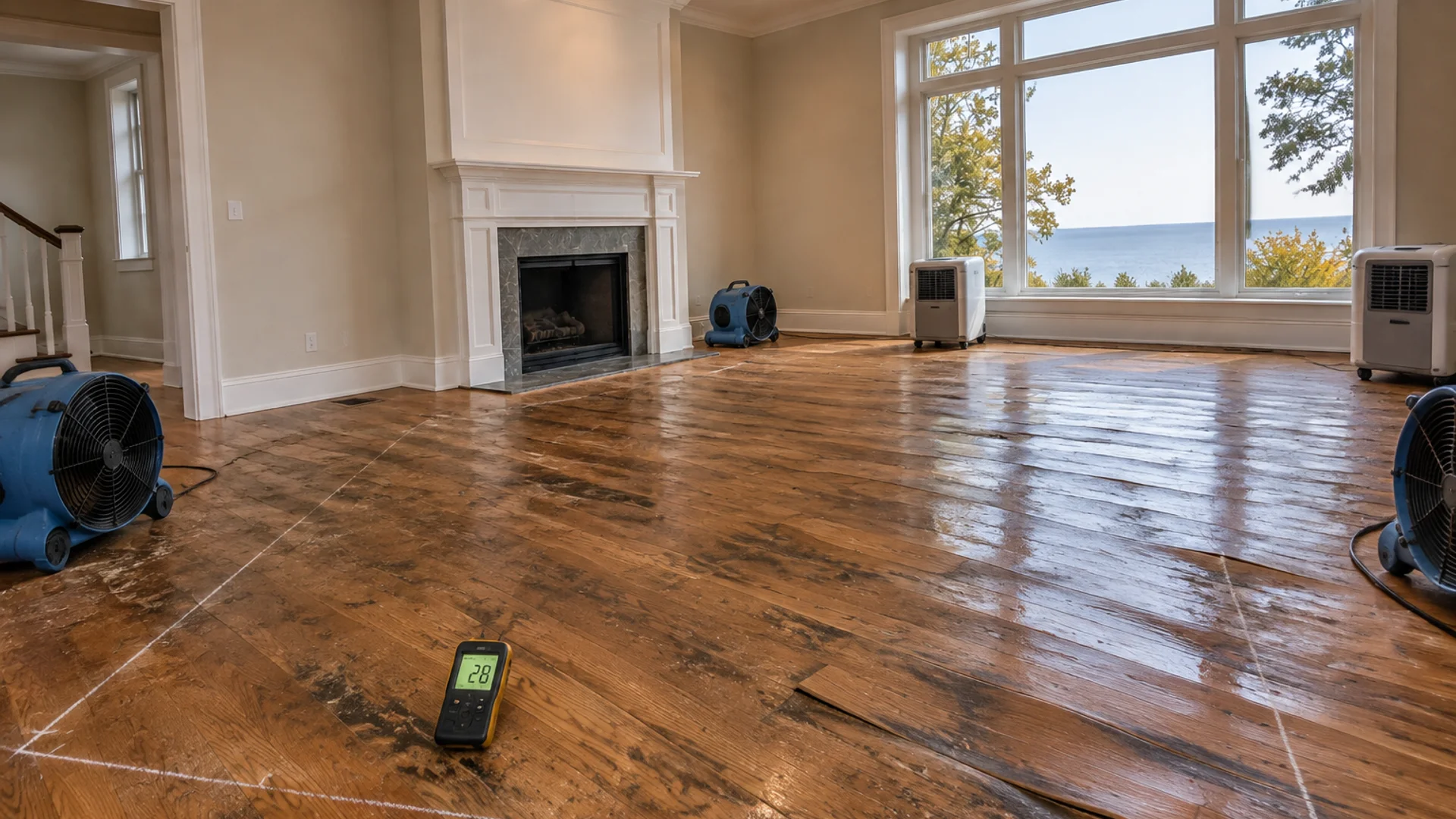 Toronto Quality Wood Flooring The Beaches the beaches flood red oak dry-out + lace-in job during the install phase showing bare subfloor, materials staged, and tools before completion.