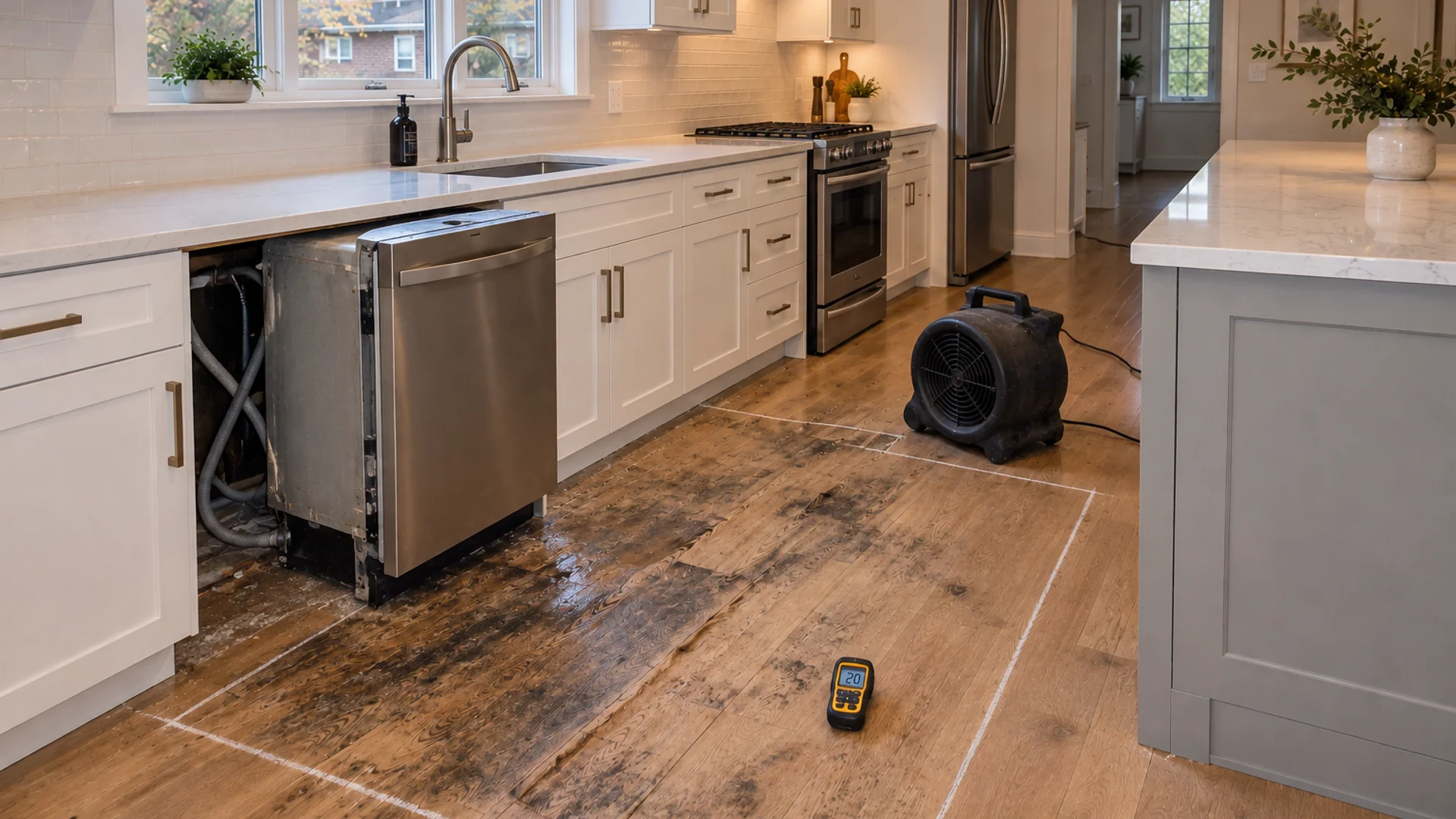Toronto Quality Wood Flooring Danforth danforth dishwasher-leak kitchen repair job during the install phase showing bare subfloor, materials staged, and tools before completion.