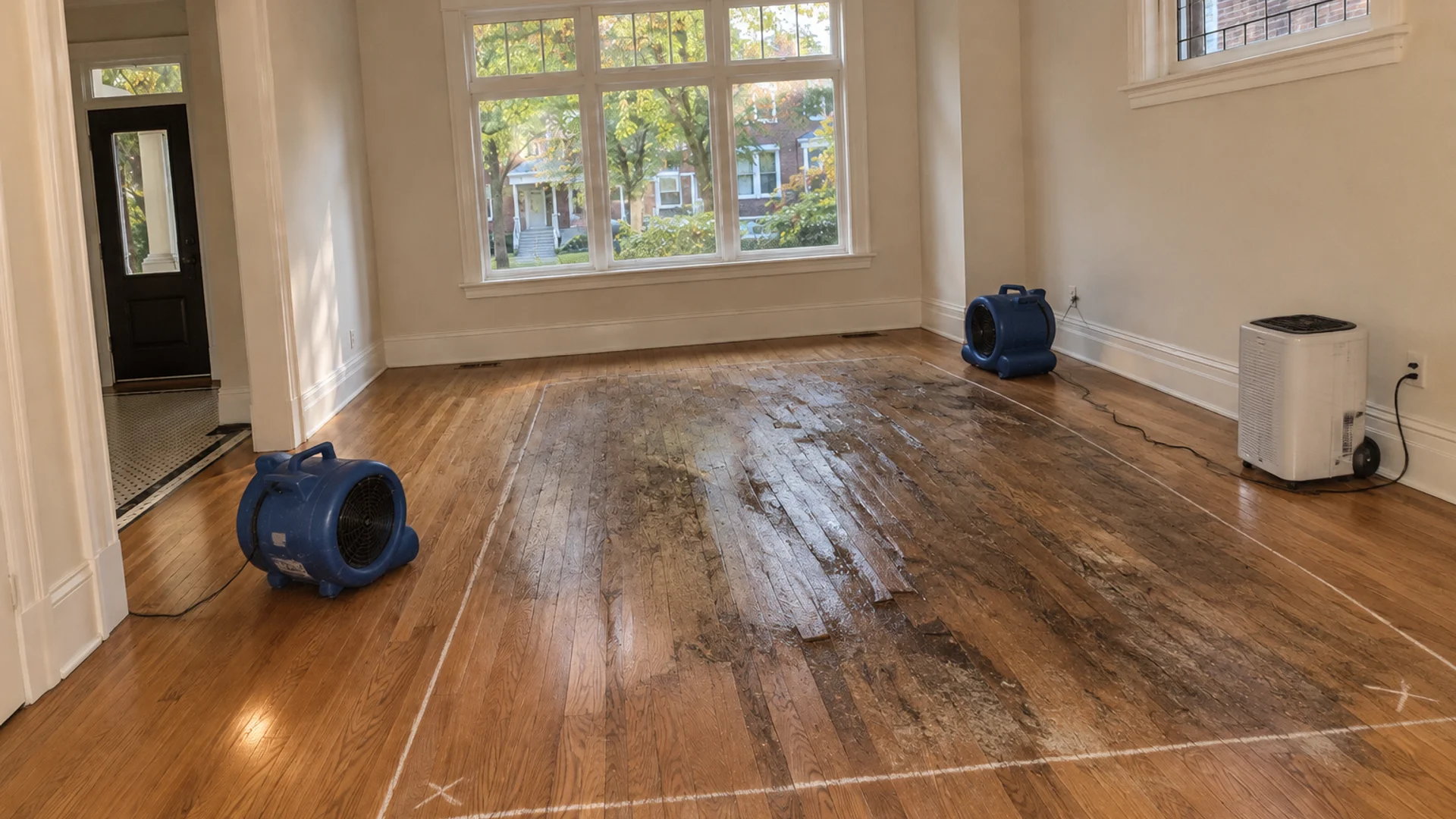 Toronto Quality Wood Flooring Roncesvalles roncesvalles burst-pipe hardwood repair job during the install phase showing bare subfloor, materials staged, and tools before completion.