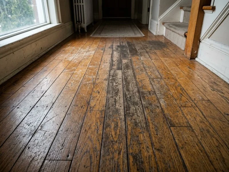 Before photo of worn scratched Red Oak hardwood floor before recoating