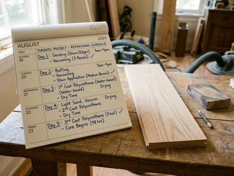 Timeline visualization showing hardwood staircase installation schedule