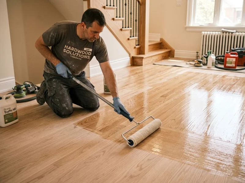 Craftsman applying Bona Traffic HD recoat to hardwood floor in Toronto home