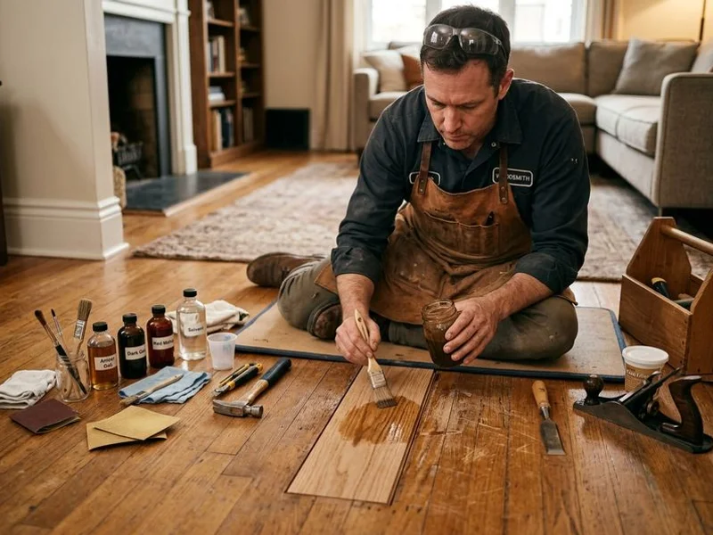 Craftsman fitting and nailing hardwood tread on Toronto staircase
