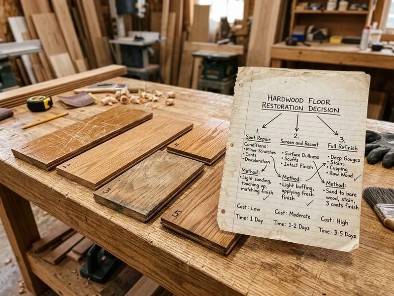 Decision flowchart comparing screen and recoat versus full hardwood floor refinishing